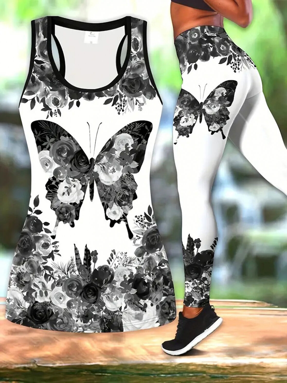 Livizmir Moda Kadın Sıfır Kol Yuvarlak Yaka Kelebek Desenli Alt Tayt Dalgıç Ikili Takım