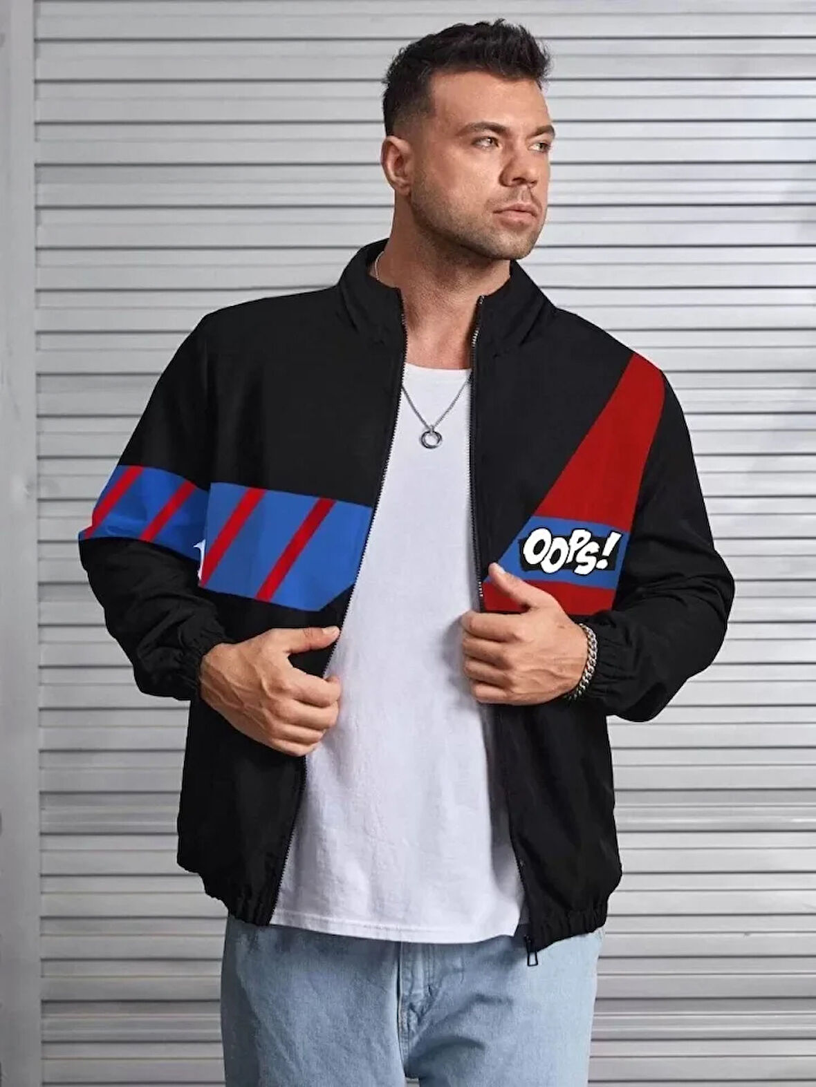 Livizmir Moda Unisex Uzun Koll Fermuarlı Baskılı Rüzgarlik - Siyah