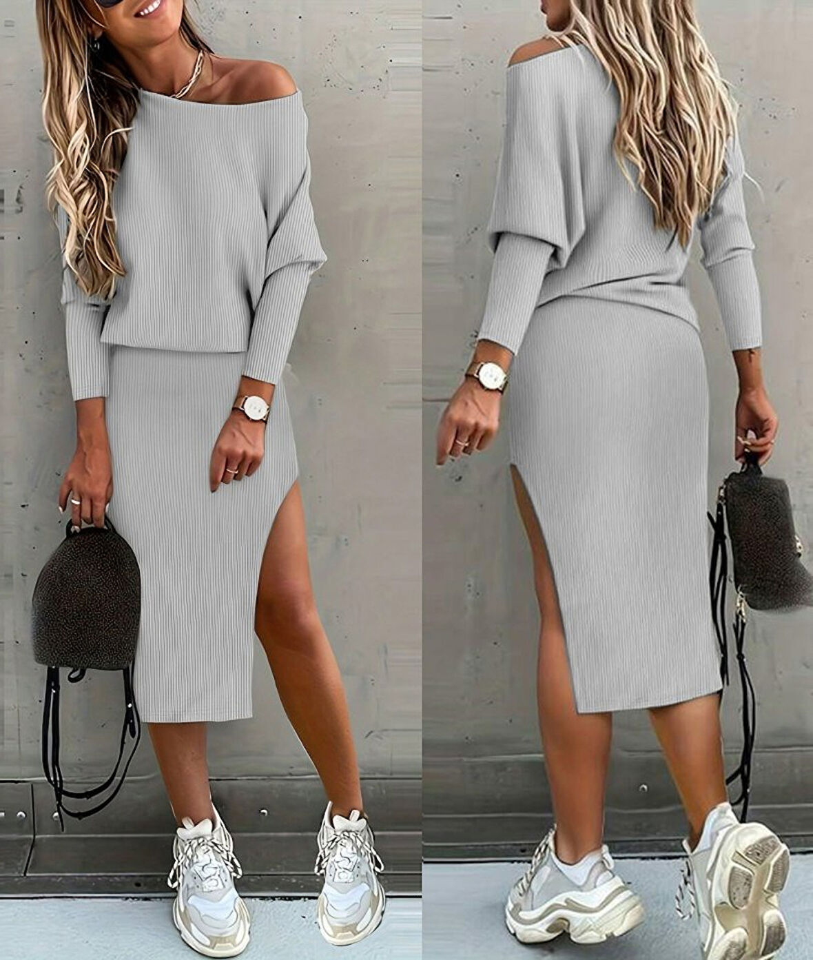 Livizmir Moda Kadın Uzun Kollu Düşük Omuz Yırtmaç Detay Kaşkorse Etek Bluz Ikili Takım