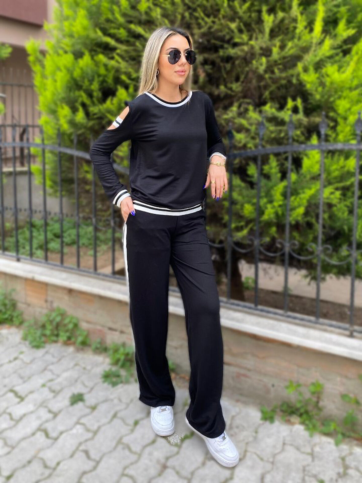 Livizmir Moda Kadın Iki Iplik Penye Kumaş Kol Detaylı Ribanalı Ikili Takım