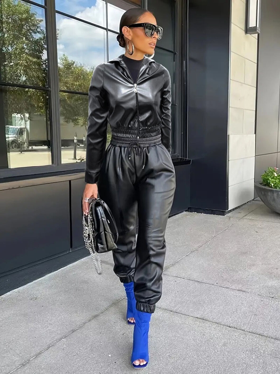 Livizmir Moda Kadın Uzun Kollu Kapüşonlu Ceket Bel Ve Paçası Lastikli Pantolon Ikili Deri Takım