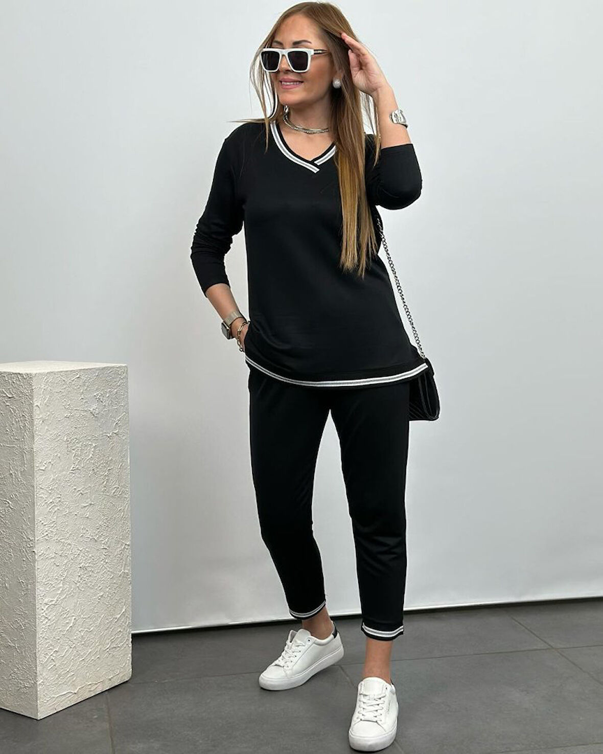 Livizmir Moda Kadın Uzun Kollu V Yakalı şerit Detay Alt Ve üst Viskon Iki Iplik Detay Ikili Takım