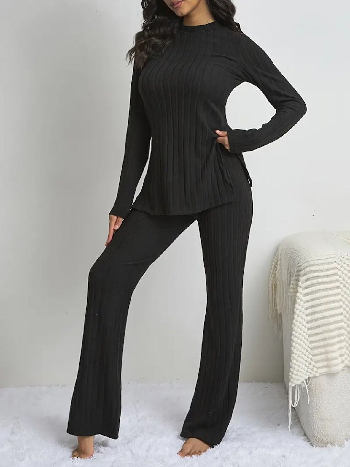 Livizmir Moda Kadın Uzun Kollu şardonlu üst Uzun Yanları Yırtmaçlı Alt Ispanyol Kaşkorse Ikili Takım