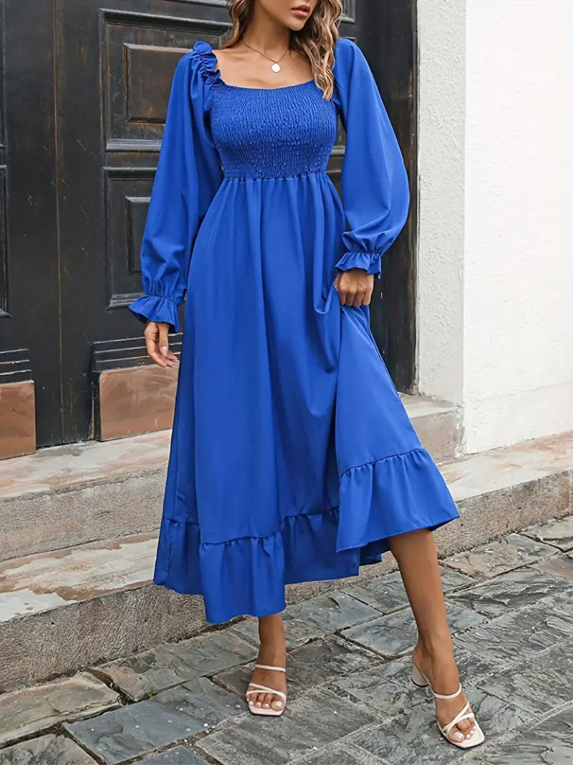 Livizmir Moda Kadın Uzun Kollu Kare Yakalı Gipeli Uzun Trikoton Elbise