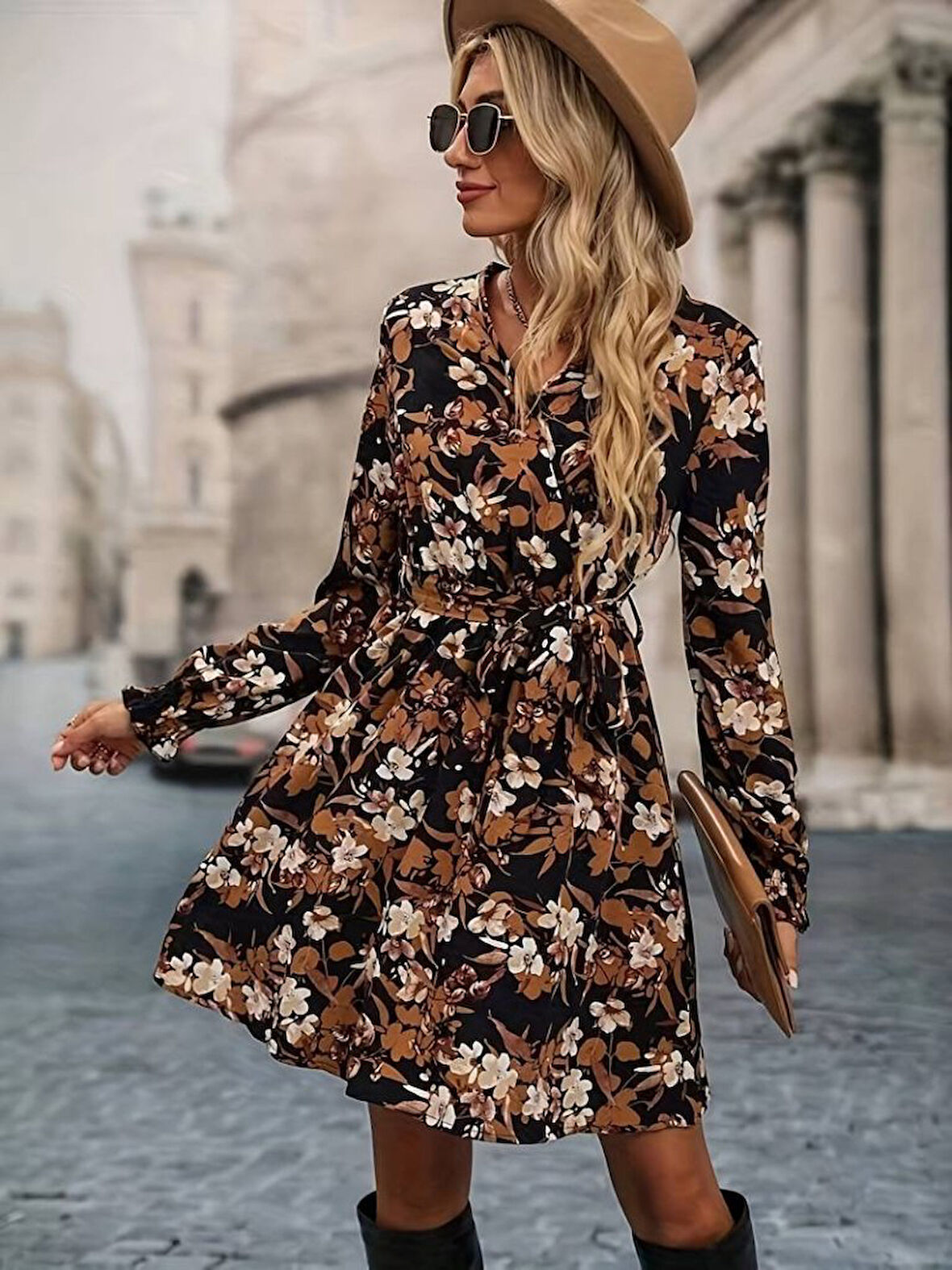 Livizmir Moda Kadın Uzun Kollu Kruvaze Yaka çiçek Desenli Dalgıç Elbise