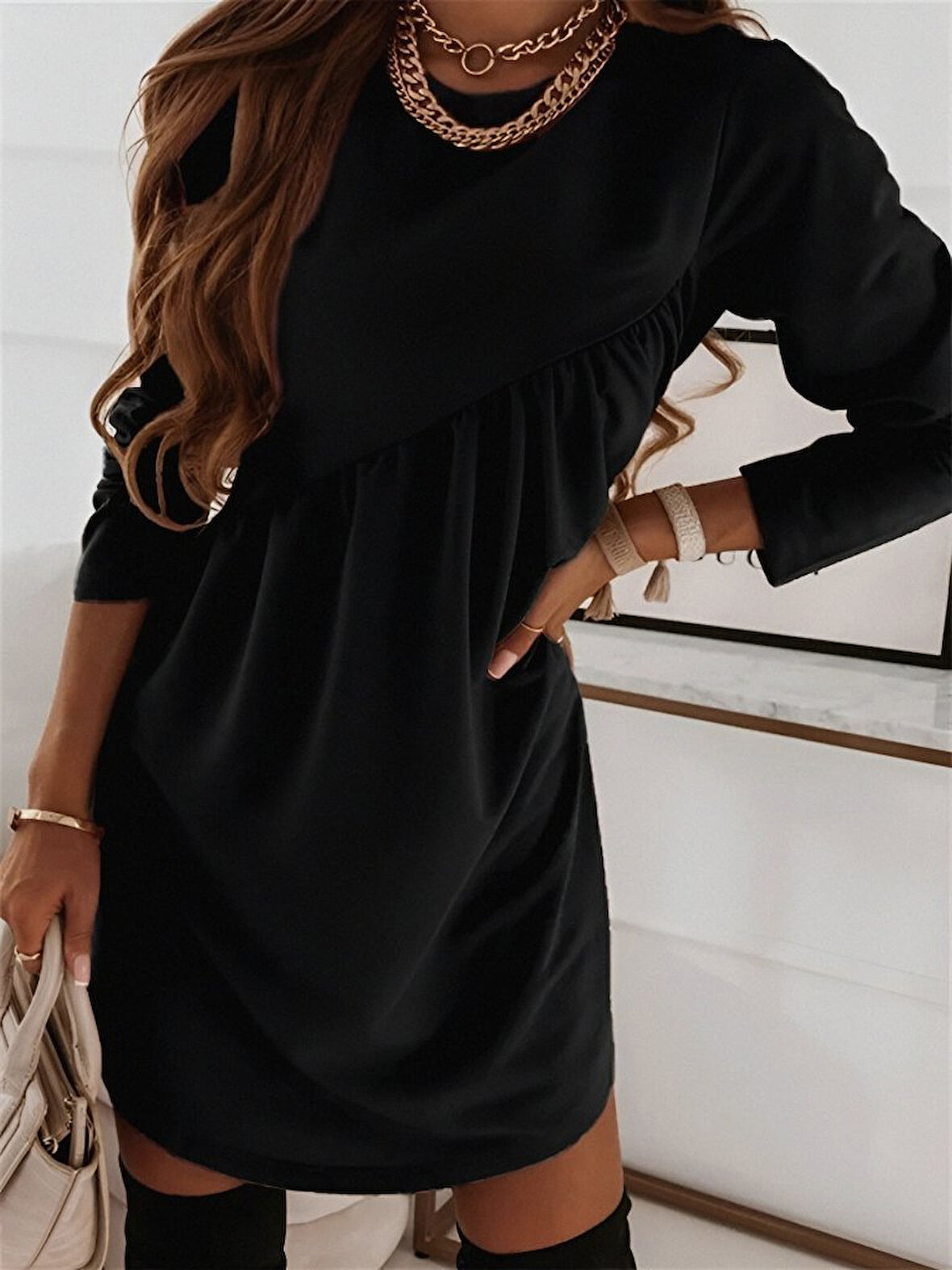 Livizmir Moda Kadın Uzun Kollu Bisiklet Yaka çapraz Büzgü Detay Iki Iplik Mini Boy Elbise