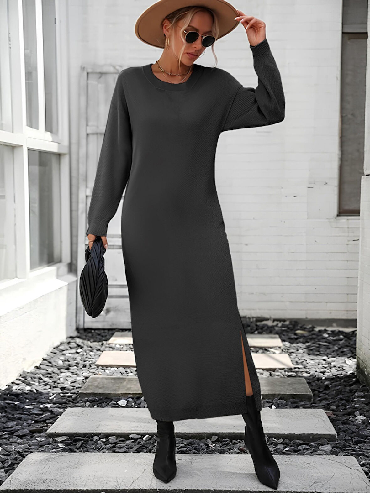 Livizmir Moda Kadın Uzun Kollu Bisiklet Yaka Yırtmaç Detay Triko Midi Boy Elbise