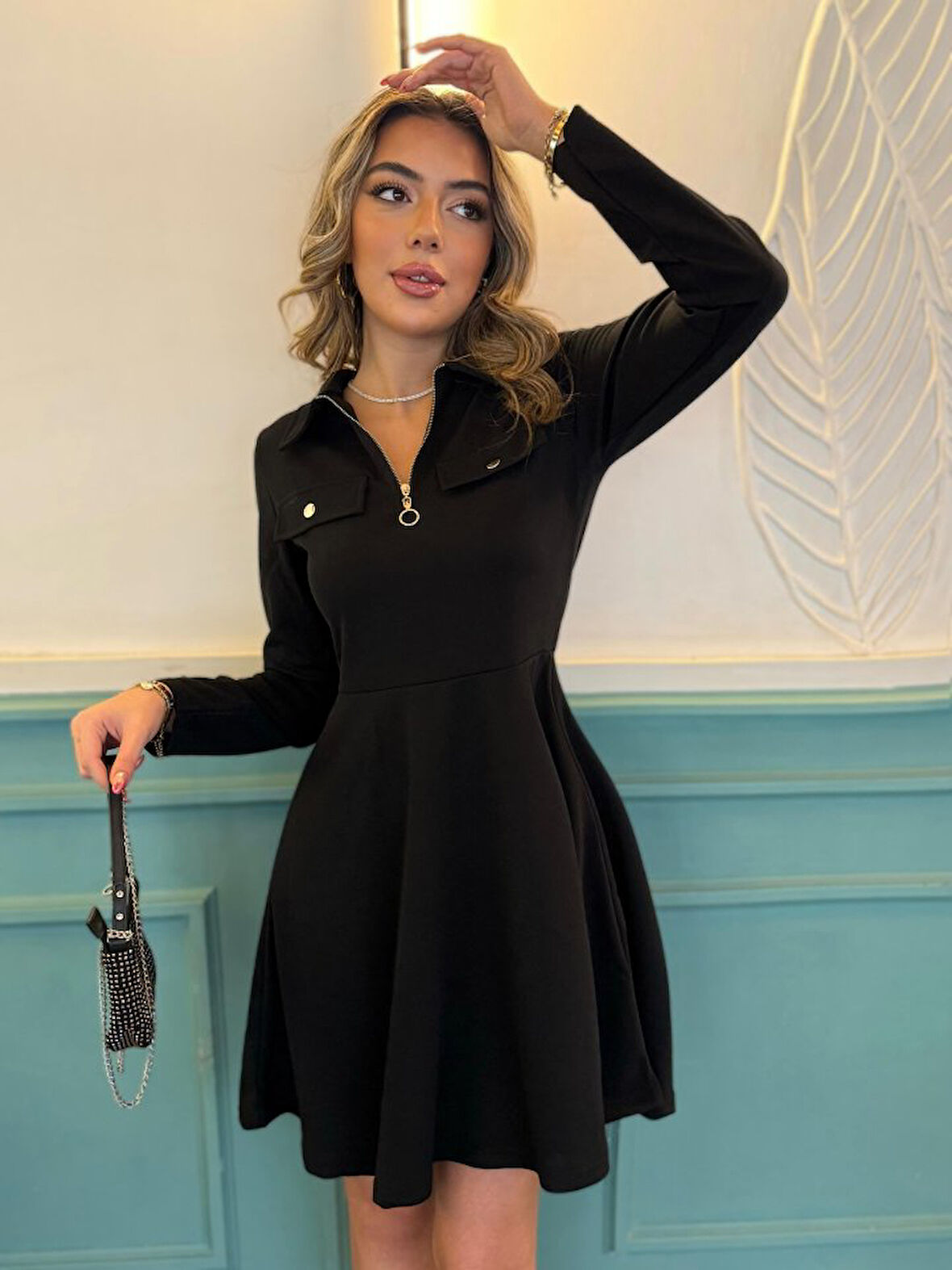 Livizmir Moda Kadın Uzun Kollu Yakalı Fermuarlı Ve Cepli Kısa Ithal Krep Kısa Elbise