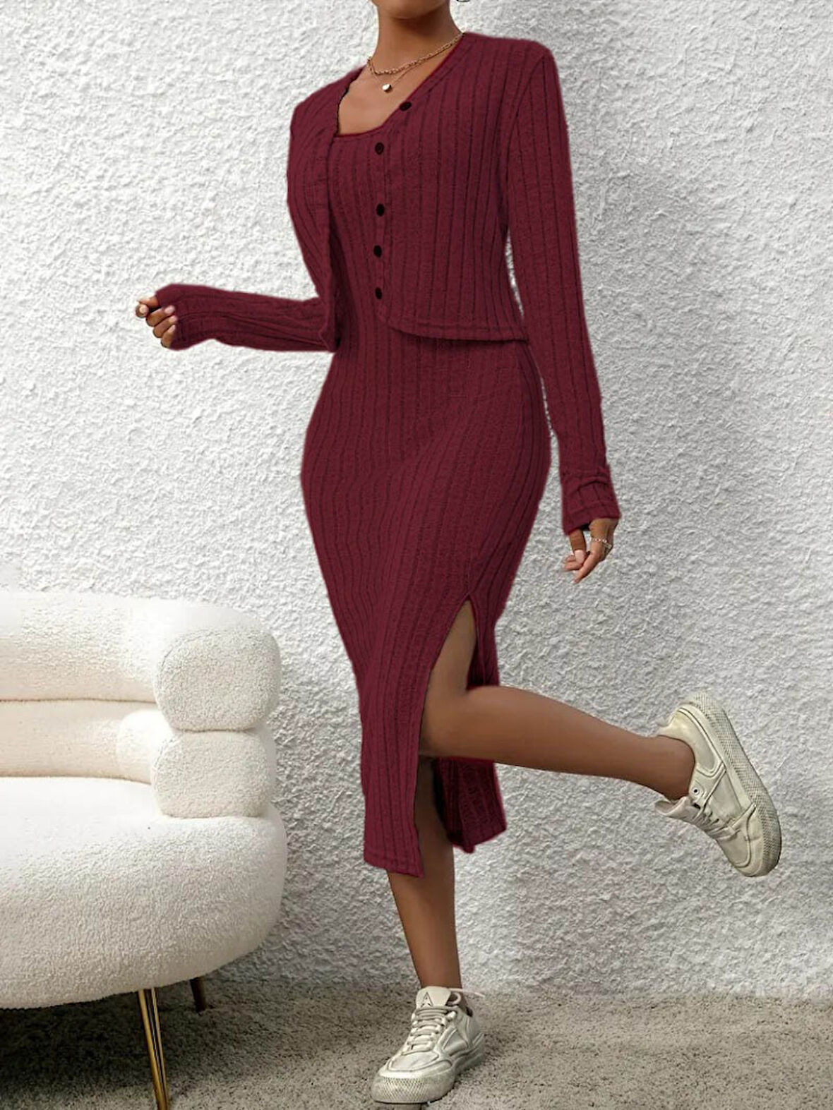 Livizmir Moda Kadın Uzun Kollu Ip Askılı Yuvarlak Yakalı Yandan Yırtmaçlı Elbise Ve Kısa Ceket şardo