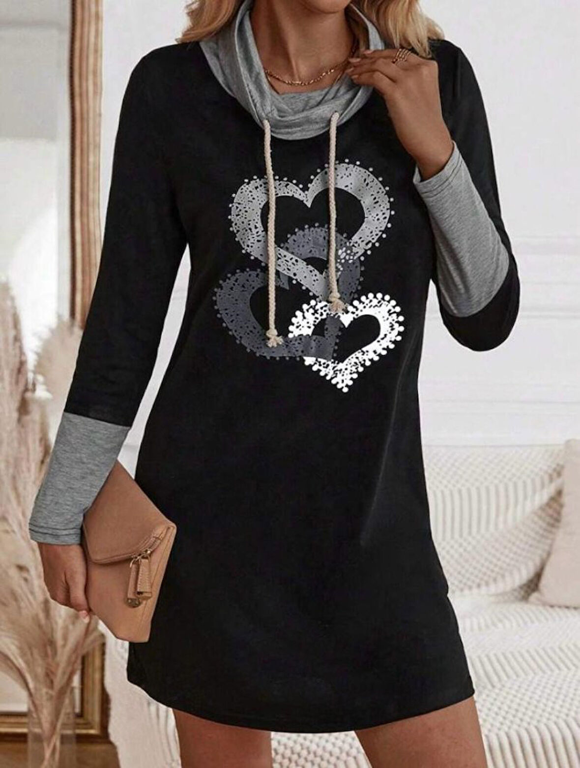 Livizmir Moda Kadın Uzun Kollu Balıkçı Yaka Bağcıklı Iki Iplik Elbise