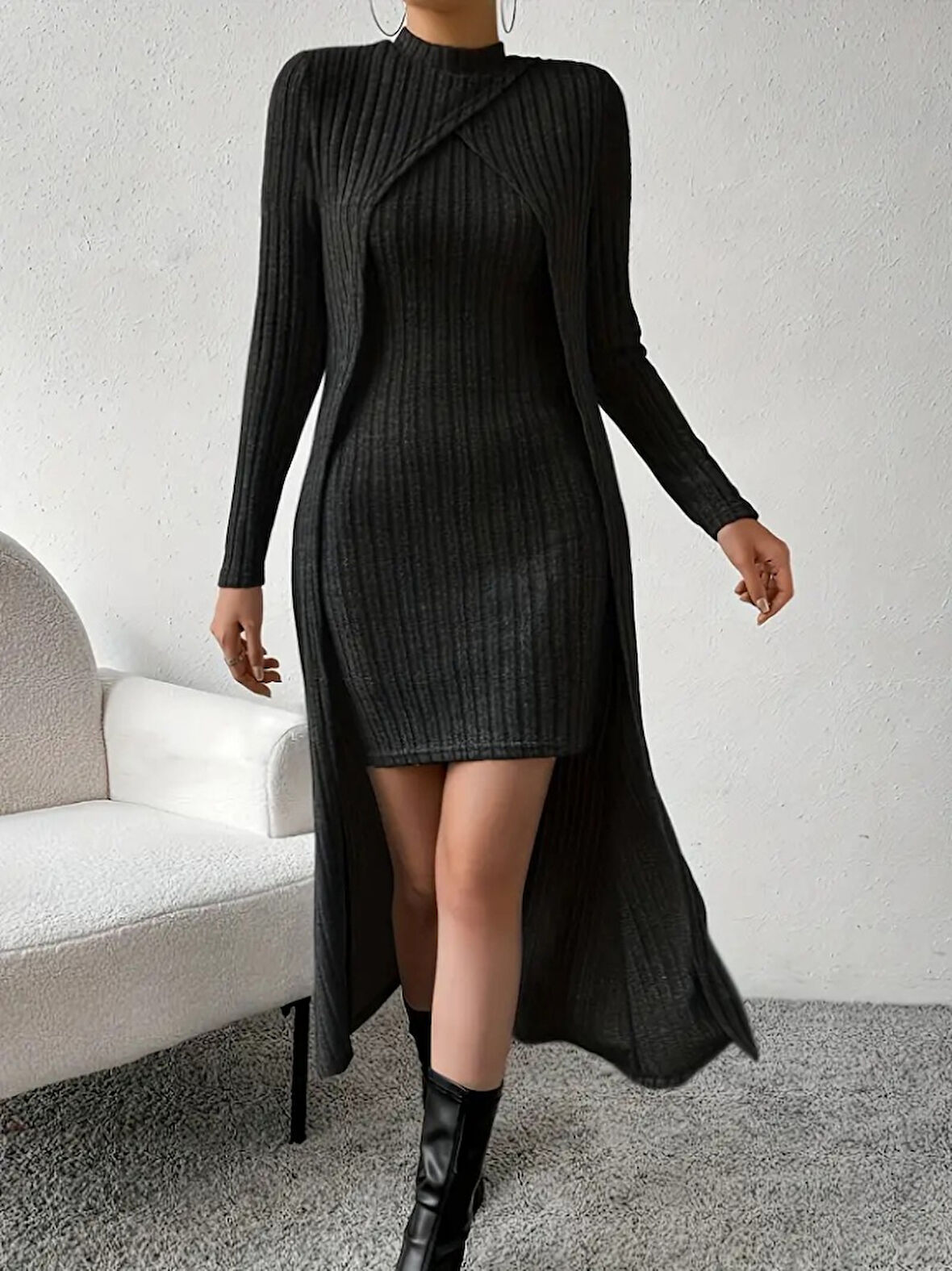 Livizmir Moda Kadın Askılı Yuvarlak Yakalı Elbise Ve Yarı Balıkçı Yakalı şardonlu Kaşkorse Ikili Takım