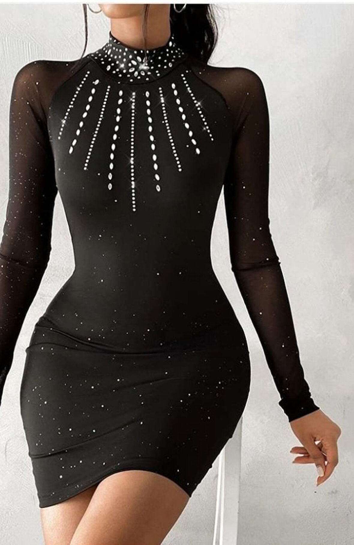 Livizmir Moda Kadın Scuba Kumaş Balıkçı Yaka Kolları Transparan Detay Mini Elbise