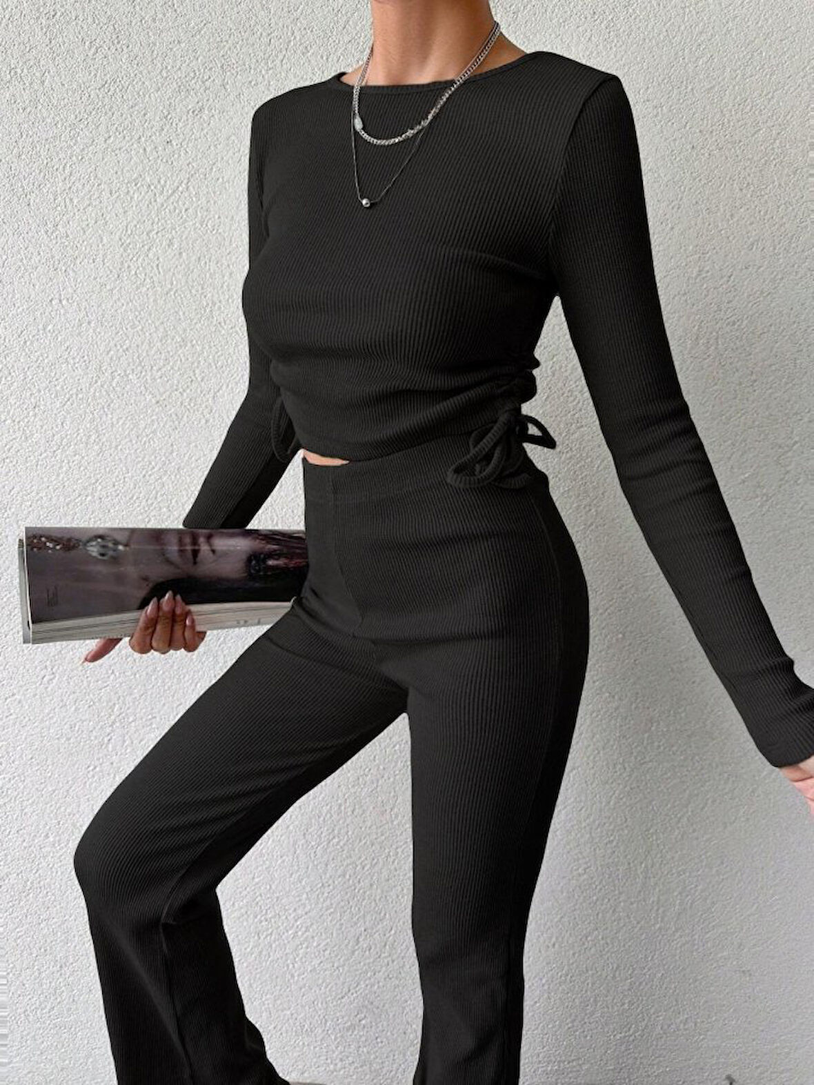 Livizmir Moda Kadın Uzun Kollu Bisiklet Yaka Yanları Asansör Büzgü Detay Bluz Ve Yüksek Bel Kaşkorse