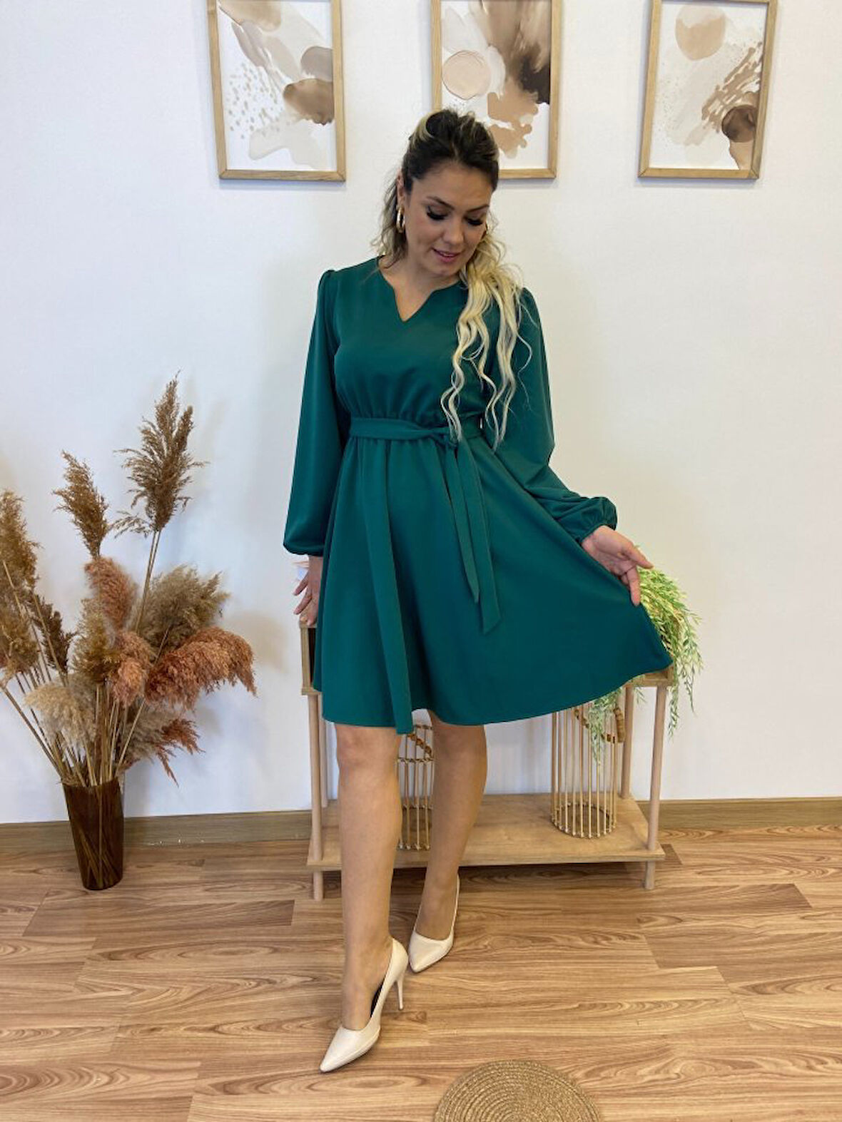 Livizmir Moda Kadın Uzun Kollu V Yakalı Belden Kuşaklı Kiloş Krep Elbise