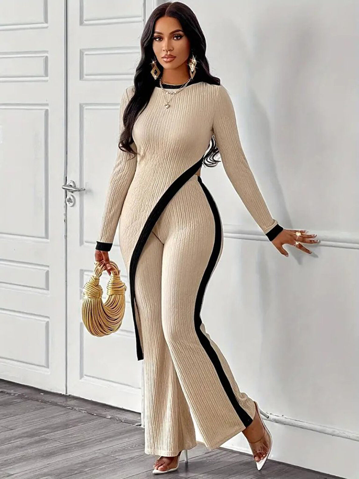 Livizmir Moda Kadın Uzun Kollu Bisiklet Yaka Asimetrik Kesim Bluz şardonlu Kaşkorse Bluz Ve Pantolon Ikili Takım