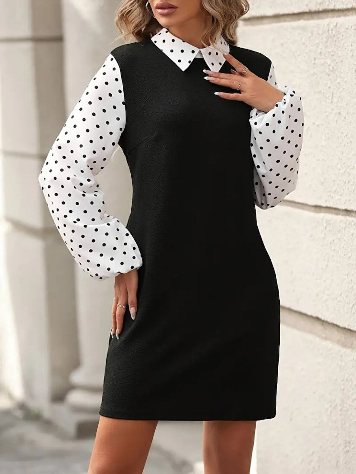 Livizmir Moda Kadın Uzun Kollu Yakalı Kol Ve Yaka Puantiye Detaylı Ithal Krep Elbise