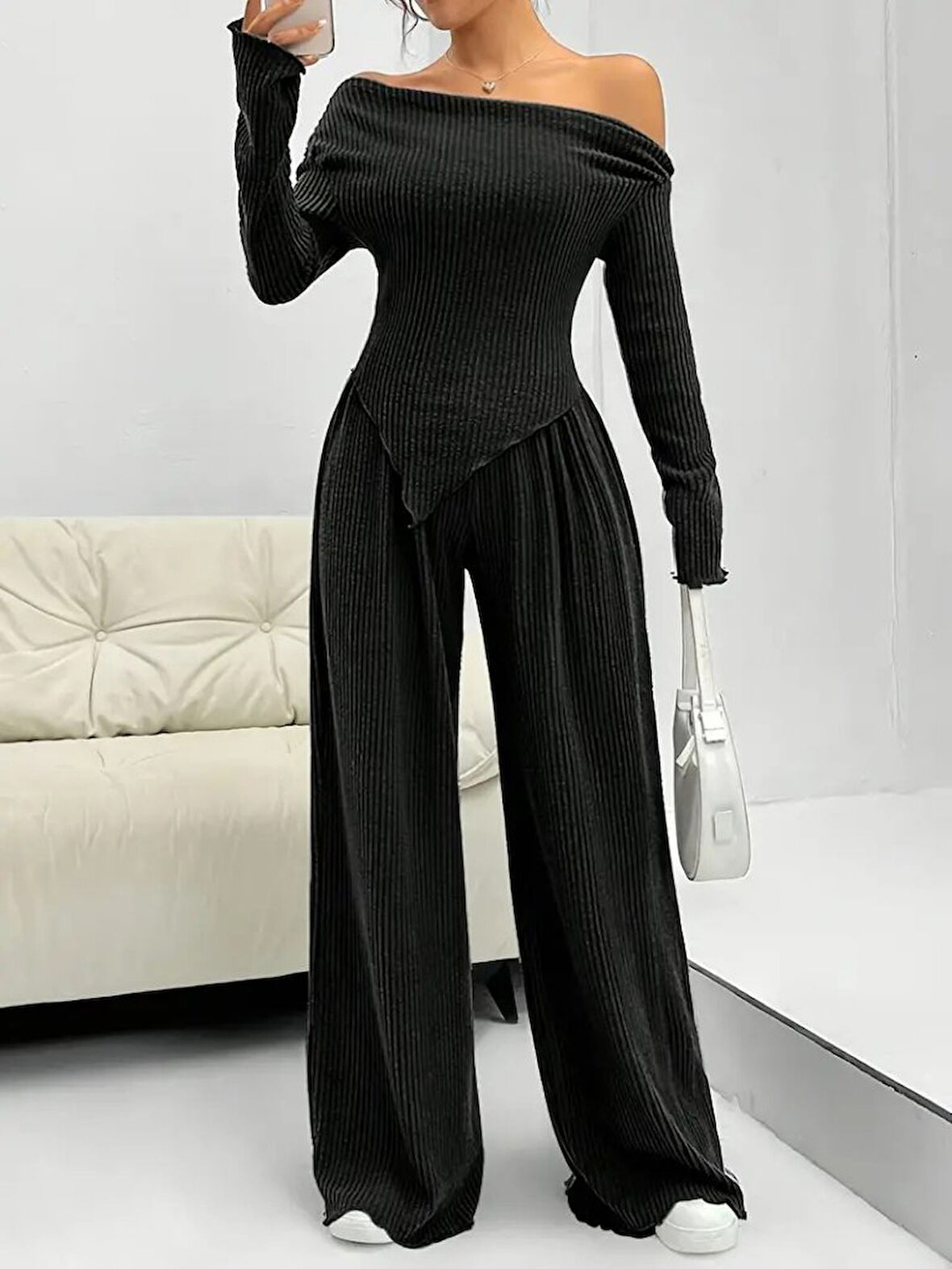 Livizmir Moda Kadın Uzun Kollu Omuzlardan Açık Asimetrik Kesim Kaşkorse Bluz Ve Pantolon Ikili Pantolon