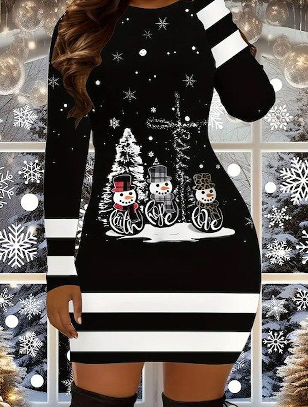 Livizmir Moda Kadın Uzun Kollu Bisiklet Yaka Kardan Adam Desenli Dalgıç Noel Elbise