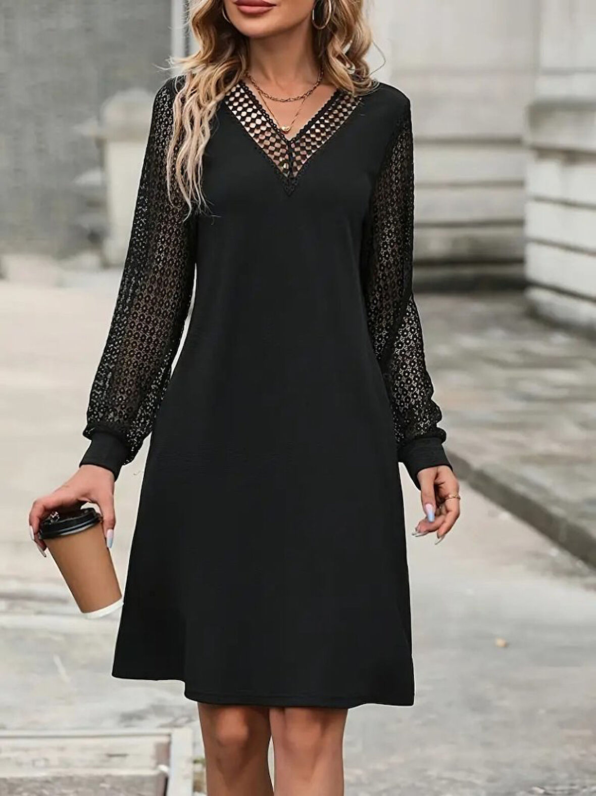 Livizmir Moda Kadın Uzun Kollu V Yakalı Kol Ve Yaka Dantel Detay Ithal Krep Elbise