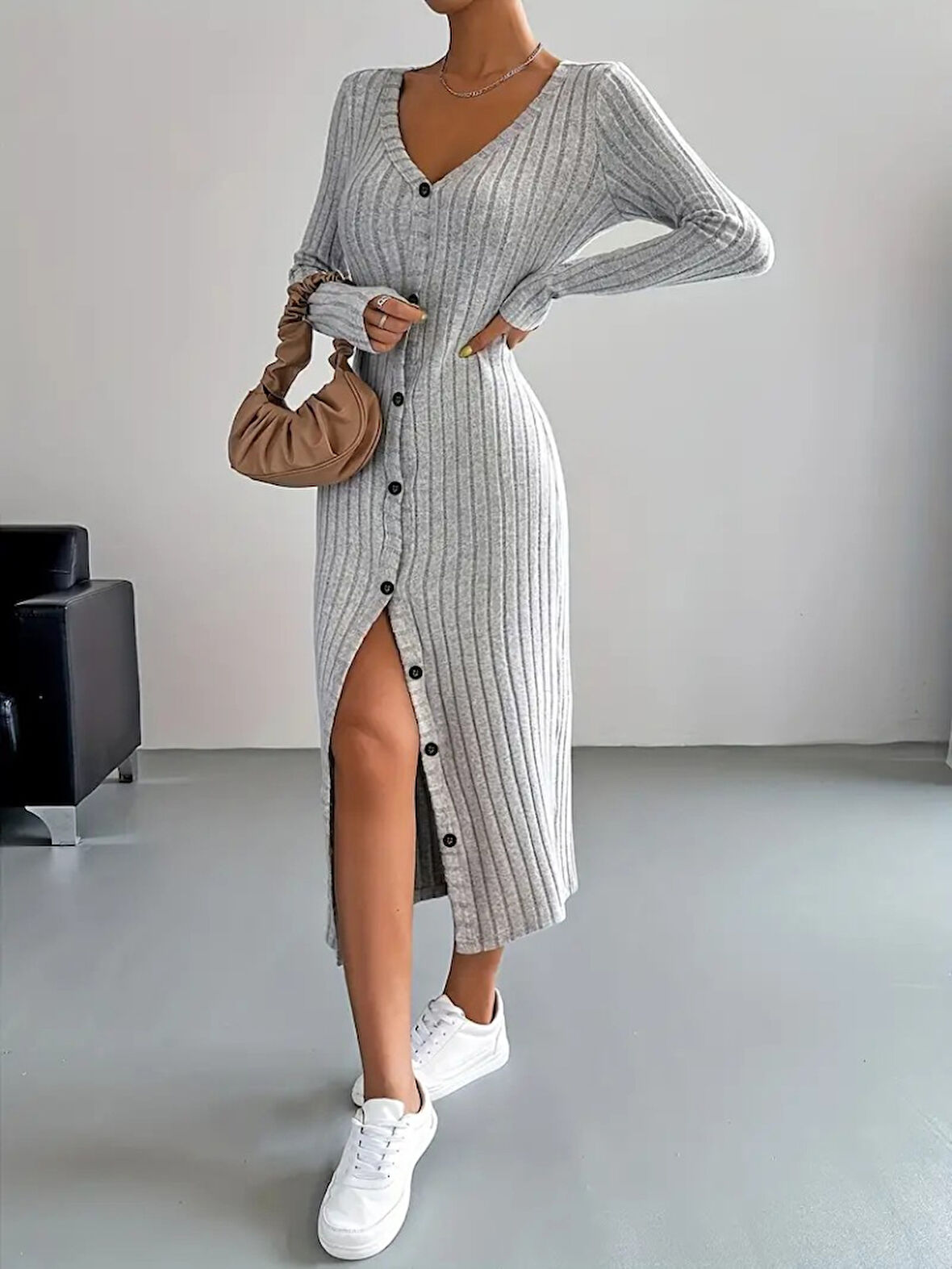 Livizmir Moda Kadın Uzun Kollu V Yakalı önden Düğmeli şardonlu Kaşkorse Elbise