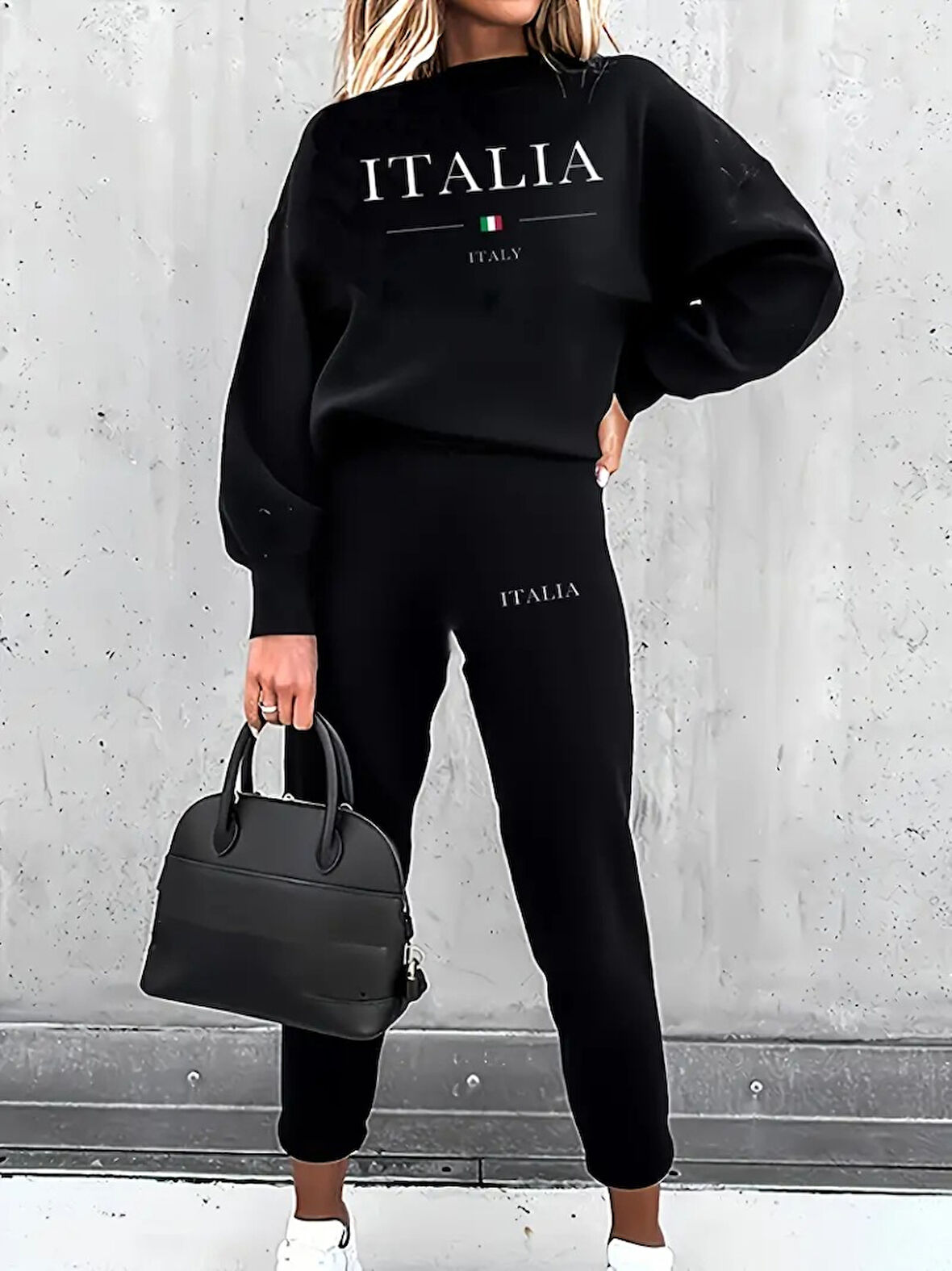 Livizmir Moda Kadın Uzun Kollu Bisiklet Yaka şardonlu üç Iplik Bluz Ve Pantolon Ikili Takım