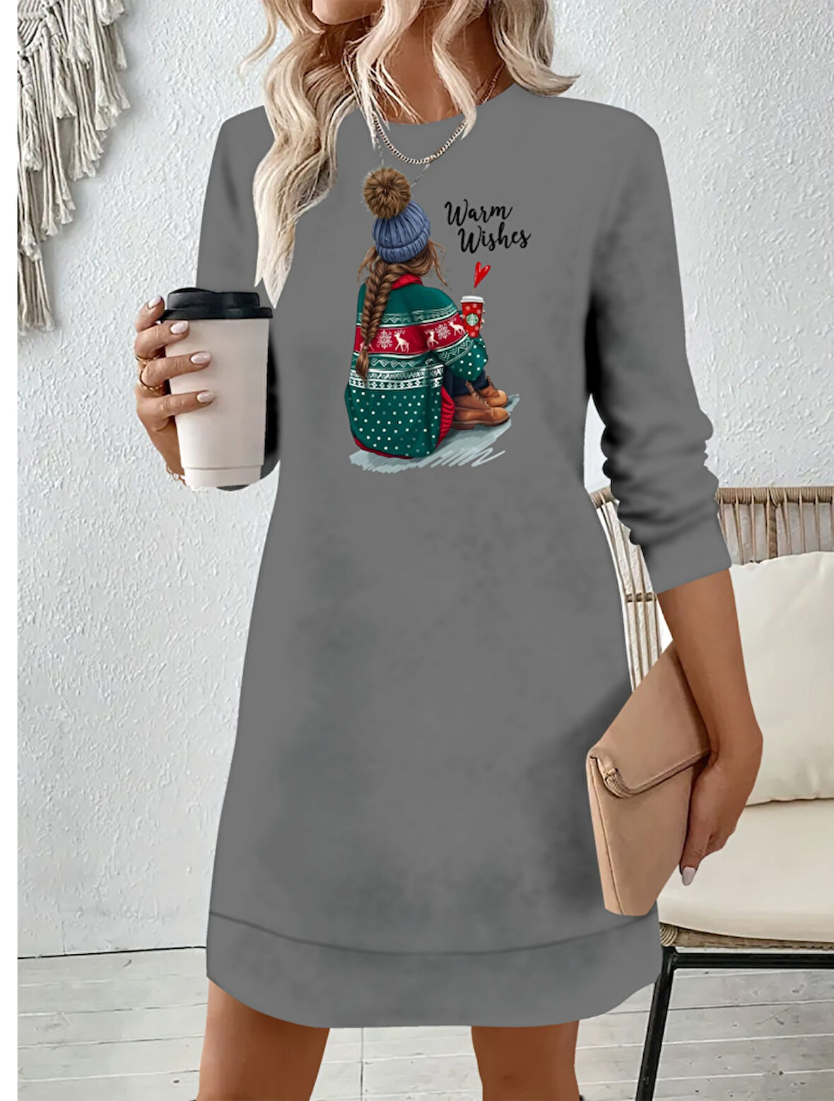 Livizmir Moda Kadın Uzun Kollu Bisiklet Yaka Desenli Viskon Iki Iplik Elbise