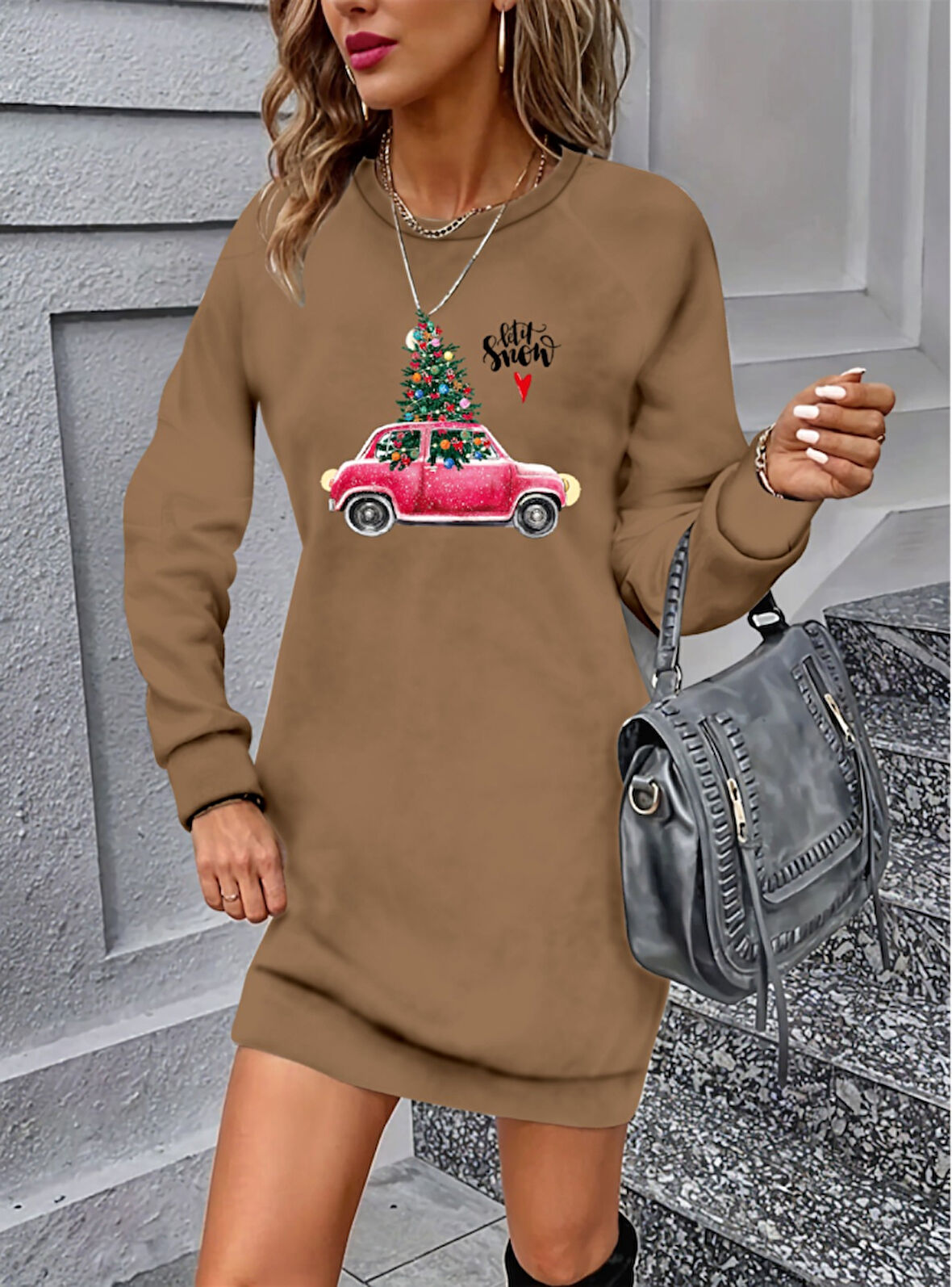 Livizmir Moda Kadın Uzun Kollu Bisiklet Yaka Desenli Viskon Iki Iplik Elbise