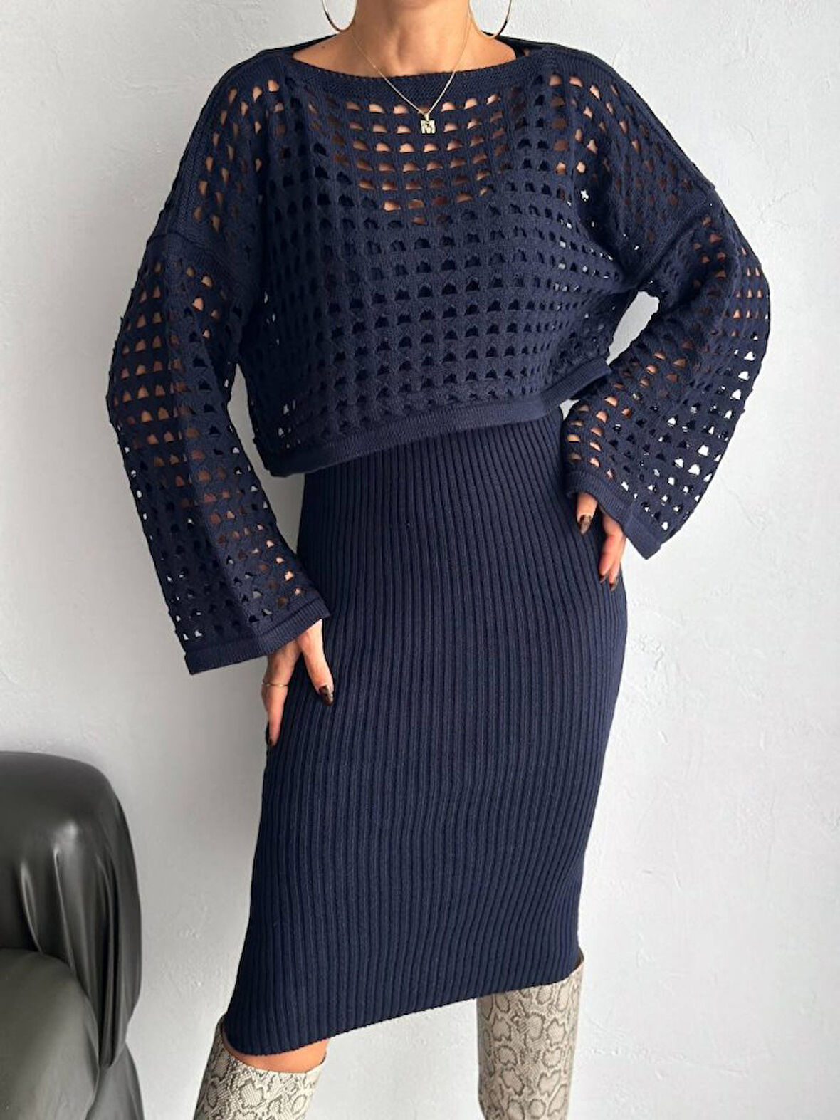 Livizmir Moda Kadın Delikli Kazak Ve Triko Elbise Ikili Takım