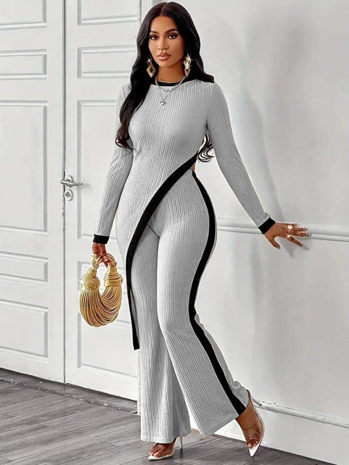 Livizmir Moda Kadın Uzun Kollu Bisiklet Yaka Asimetrik Kesim Bluz şardonlu Kaşkorse Bluz Ve Pantolon Ikili Takım