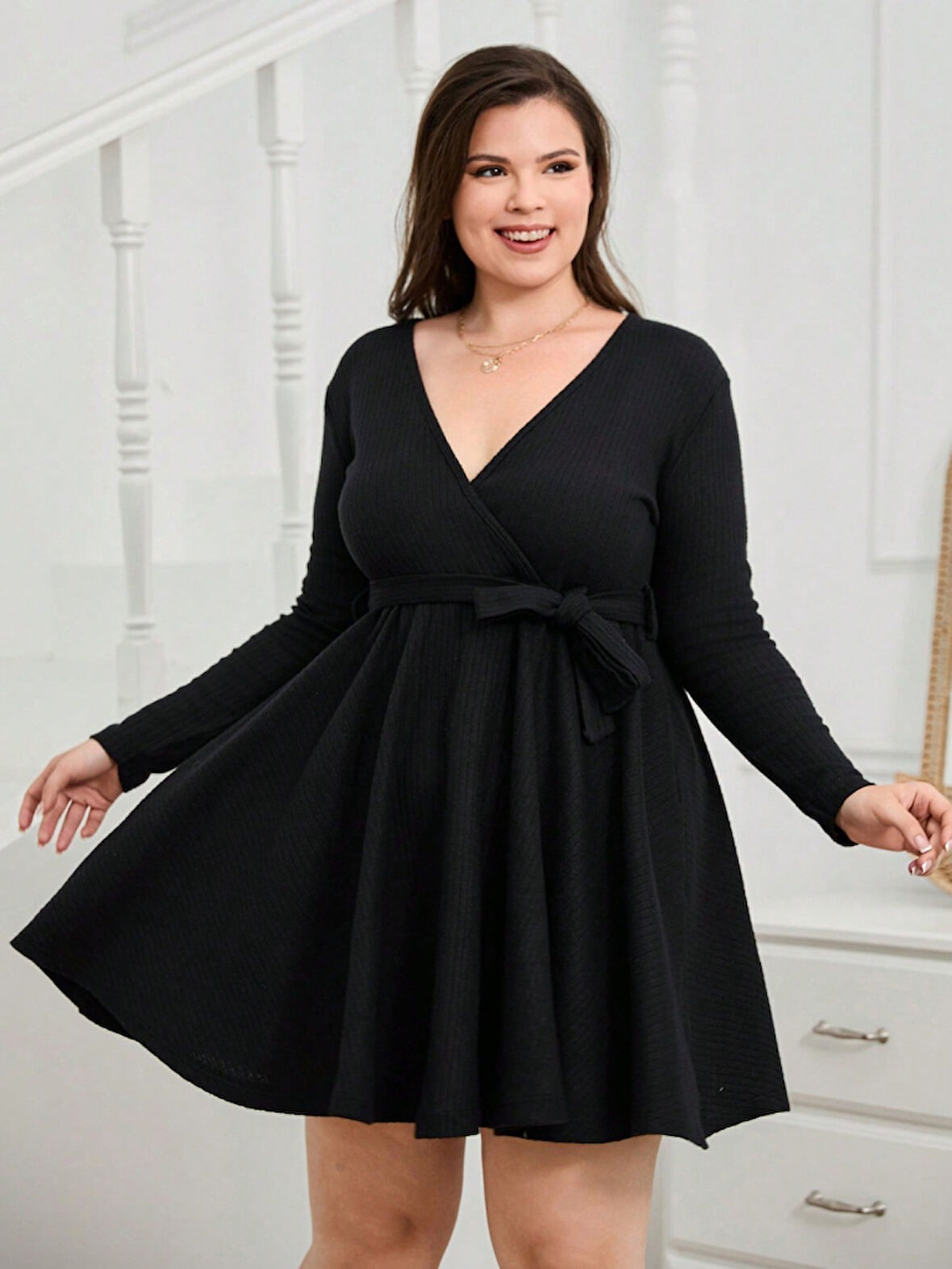 Livizmir Moda Kadın Uzun Kollu Kruvaze Yaka Kuşak Detay Salaş şardonlu Kaşkorse Mini Elbise