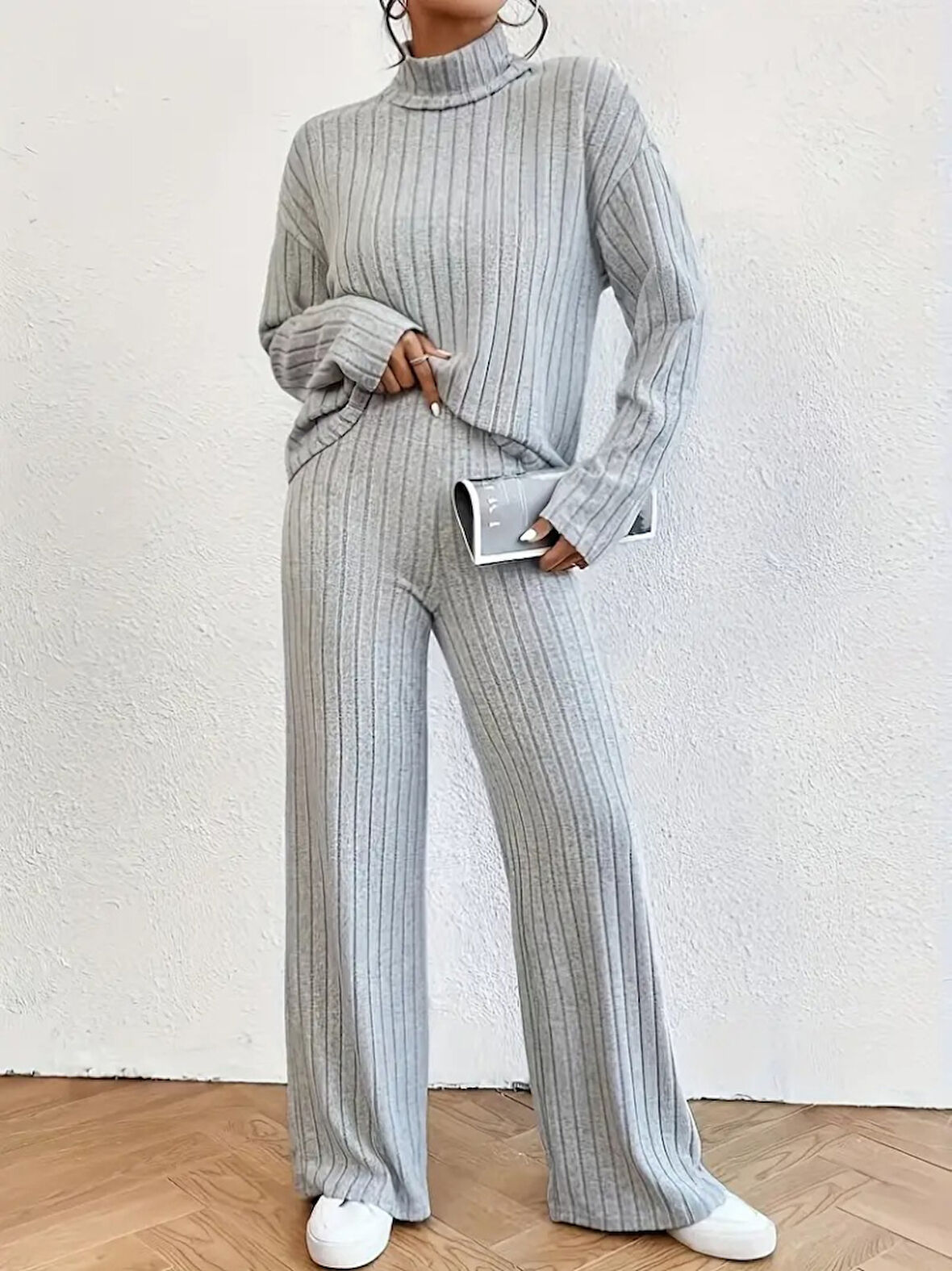 Livizmir Moda Kadın Uzun Kollu Balıkçı Yaka şardonlu Bluz Ve Pantolon Ikili Takım