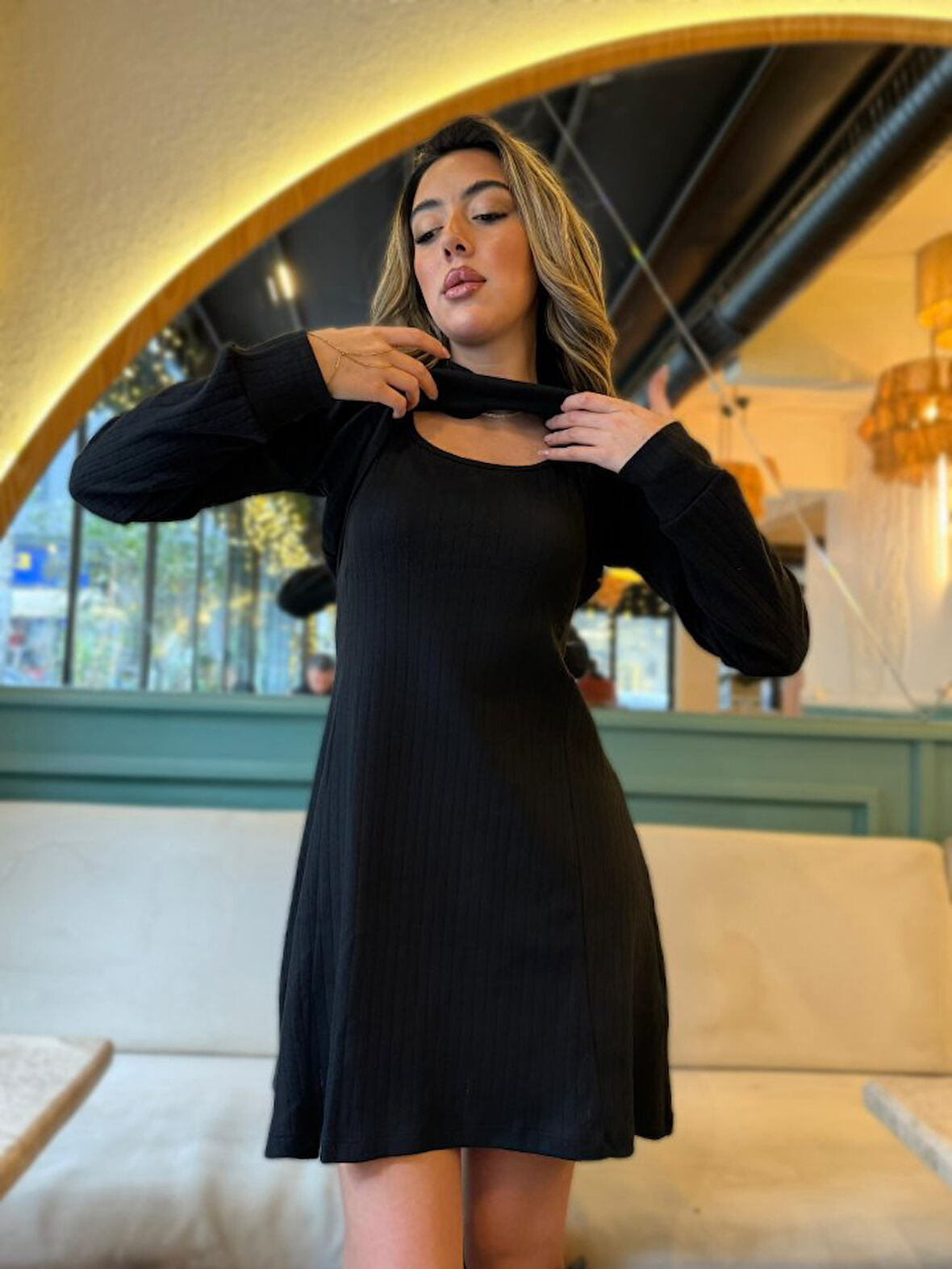 Livizmir Moda Kadın Uzun Kollu Kapüşonlu Ceket üst Ve Askısız Kare Yaka A Kesim şardonlu Kaşkorse Elbise