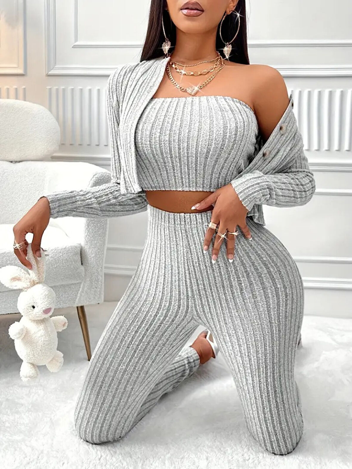 Livizmir Moda Kadın Uzun Kollu Straplez şardonlu Kaşkorse Bluz önü Düğmeli Ceket Ve Tayt Pantolonlu üçlü Takım