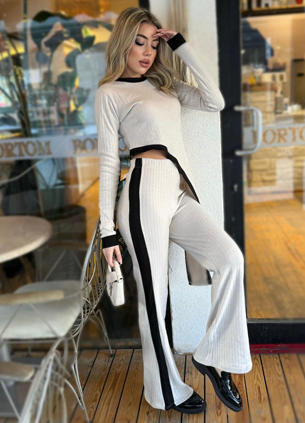 Livizmir Moda Kadın Uzun Kollu Bisiklet Yaka Asimetrik Kesim Bluz şardonlu Kaşkorse Bluz Ve Pantolon Ikili Takım