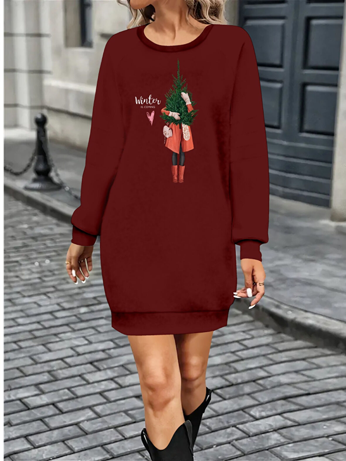 Livizmir Moda Kadın Uzun Kollu Bisiklet Yaka Desenli Kısa Viskon Iki Iplik Elbise