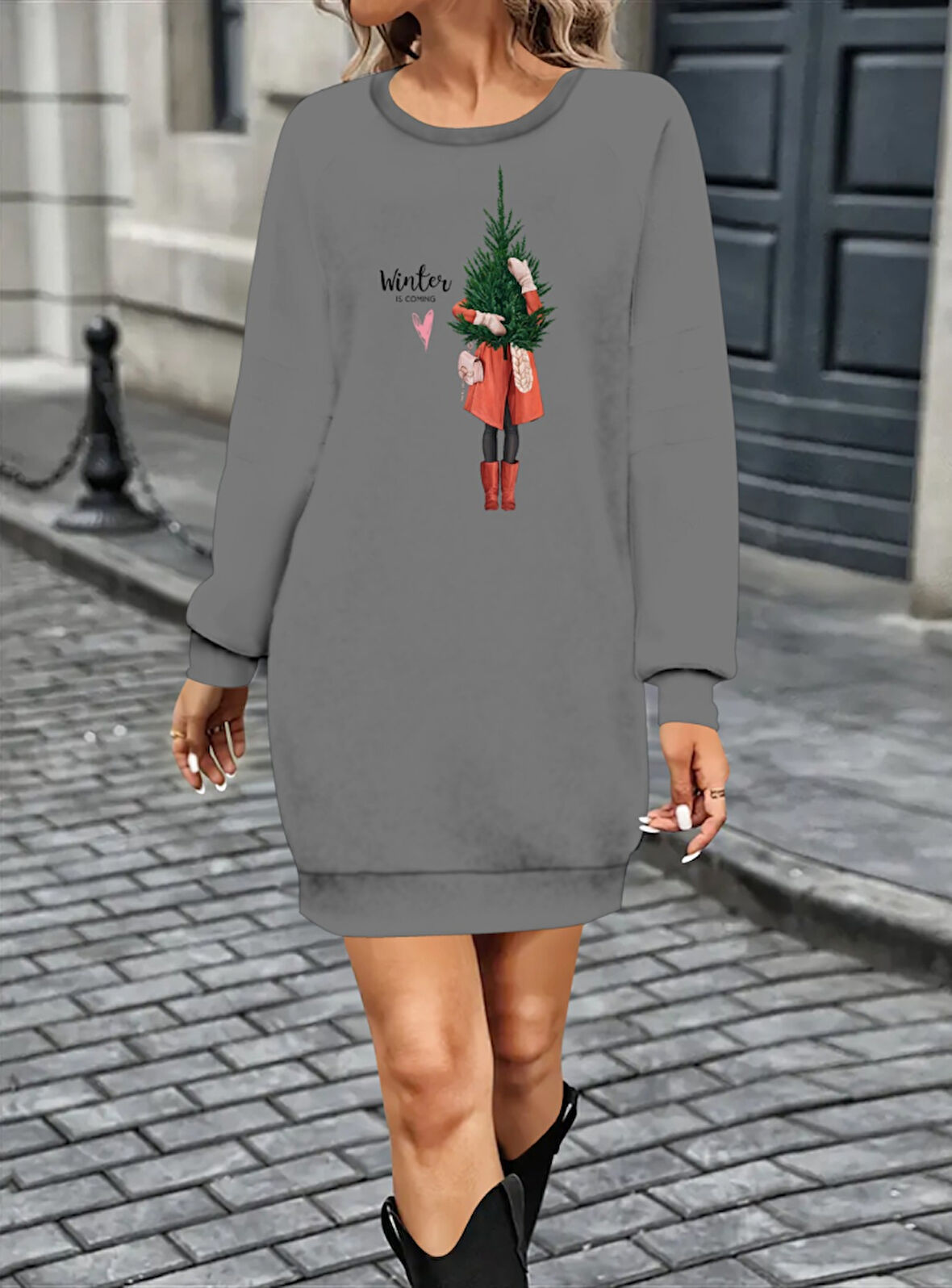 Livizmir Moda Kadın Uzun Kollu Bisiklet Yaka Desenli Kısa Viskon Iki Iplik Elbise