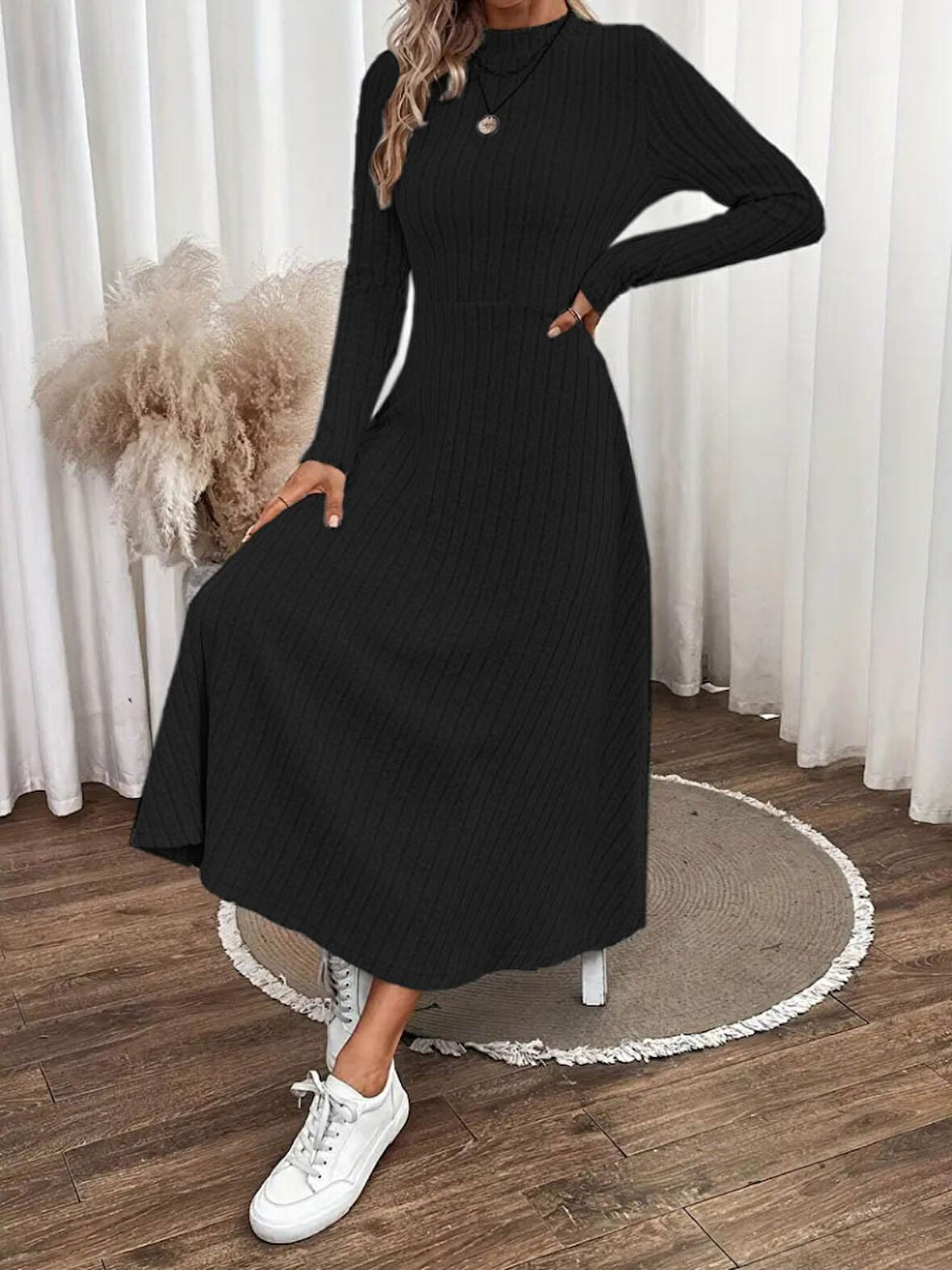 Livizmir Moda Kadın Uzun Kollu Yarı Balıkçı Yaka şardonlu Kaşkorse Uzun Elbise