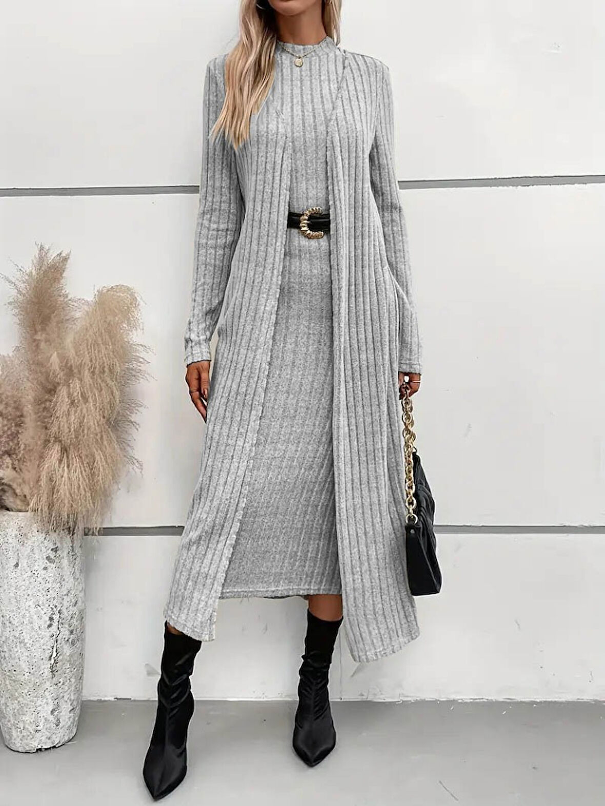 Livizmir Moda Kadın Uzun Kollu Yarı Balıkçı Yaka şardonlu Dalgıç Elbise Ve Uzun Hırka Ikili Takım