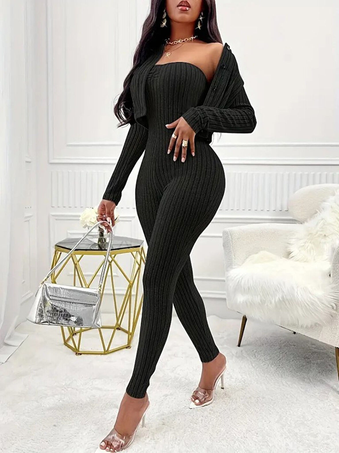 Livizmir Moda Kadın Uzun Kollu şardonlu Kaşkorse Straplez Ile Kısa önden Düğmeli Ceket Ikili Takım