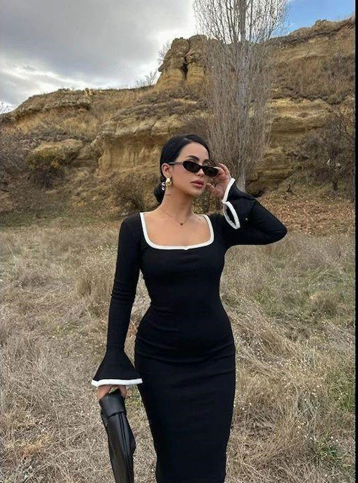 Livizmir Moda Kadın Ispanyol Kol Detay Kare Yaka Ribanalı Midi Boy Elbise