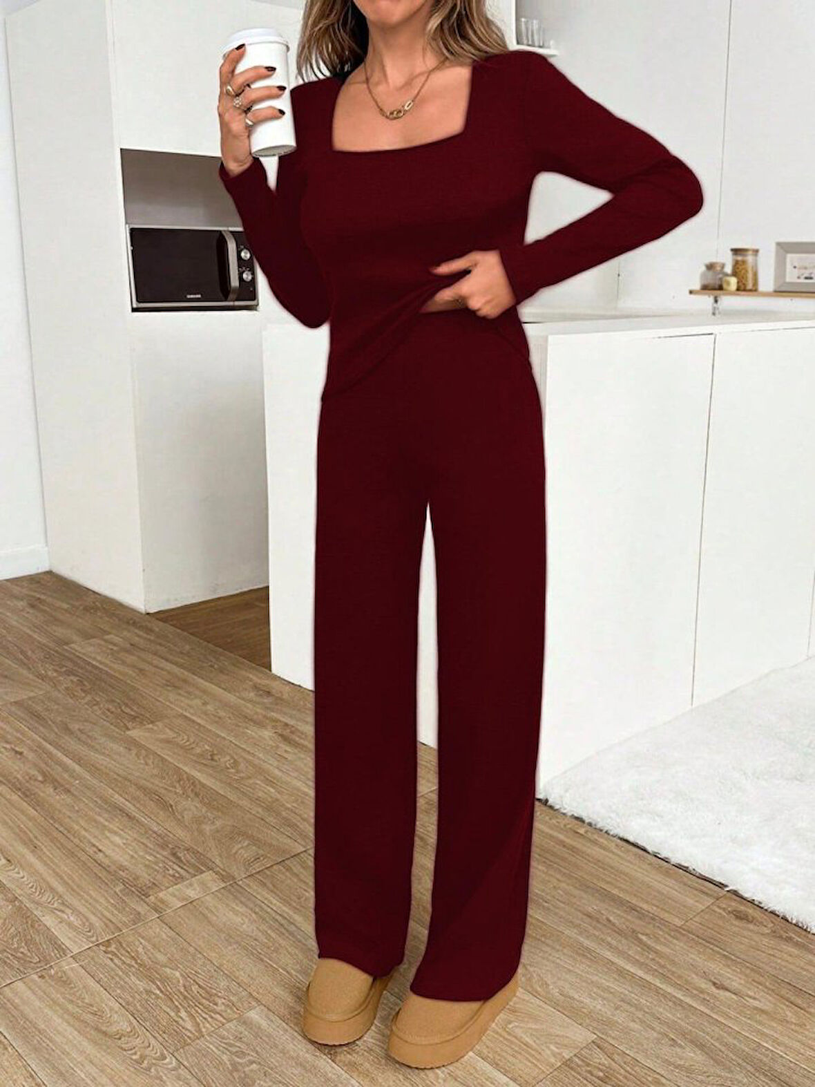 Livizmir Moda Kadın Uzun Kollu Kare Yaka Bluz Ve Ispanyol Paça Pantolon Ikili Takım