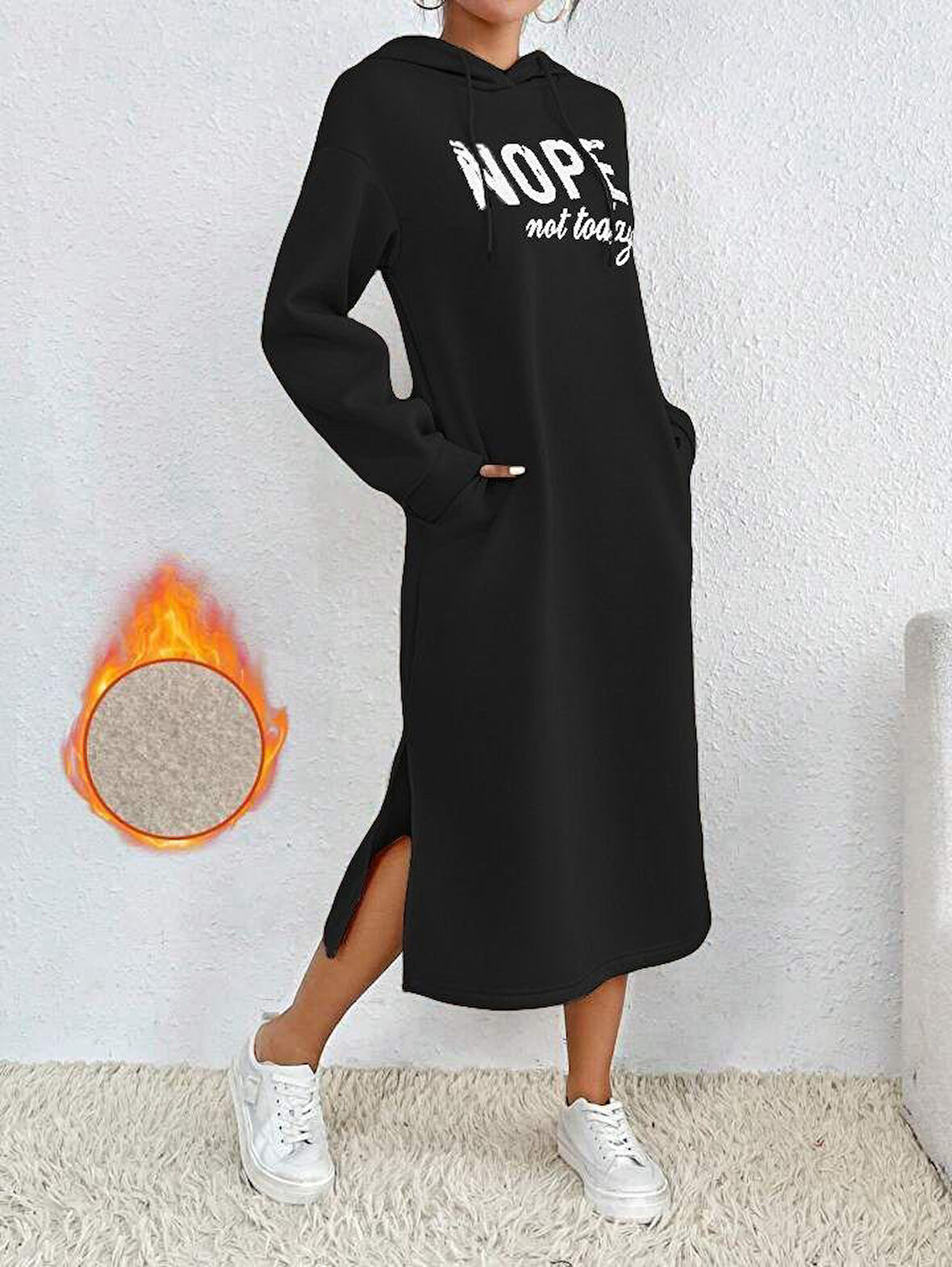 Livizmir Moda Kadın Uzun Kollu Nope Yazılı Kapüşonlu Yırmaç Detay Midi Boy Elbise