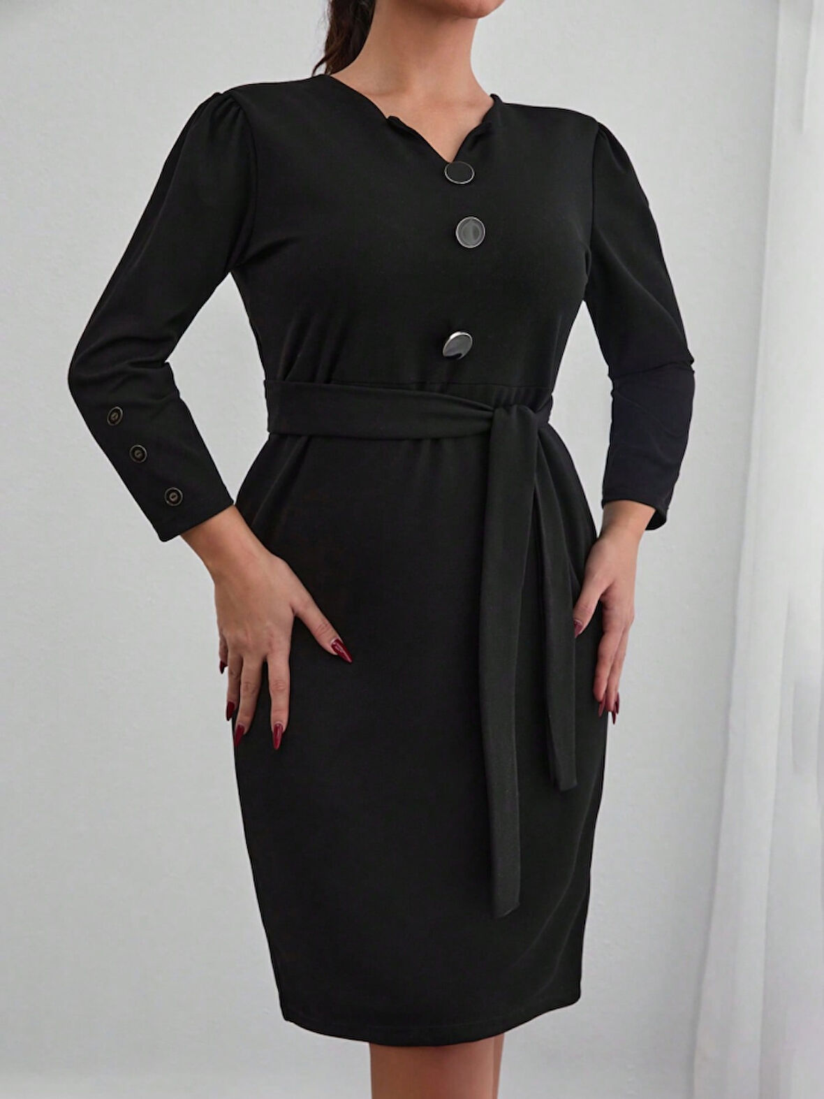 Livizmir Moda Kadın Uzun Kollu Düğme Detaylı Kendinden Kemerli Ithal Krep Elbise