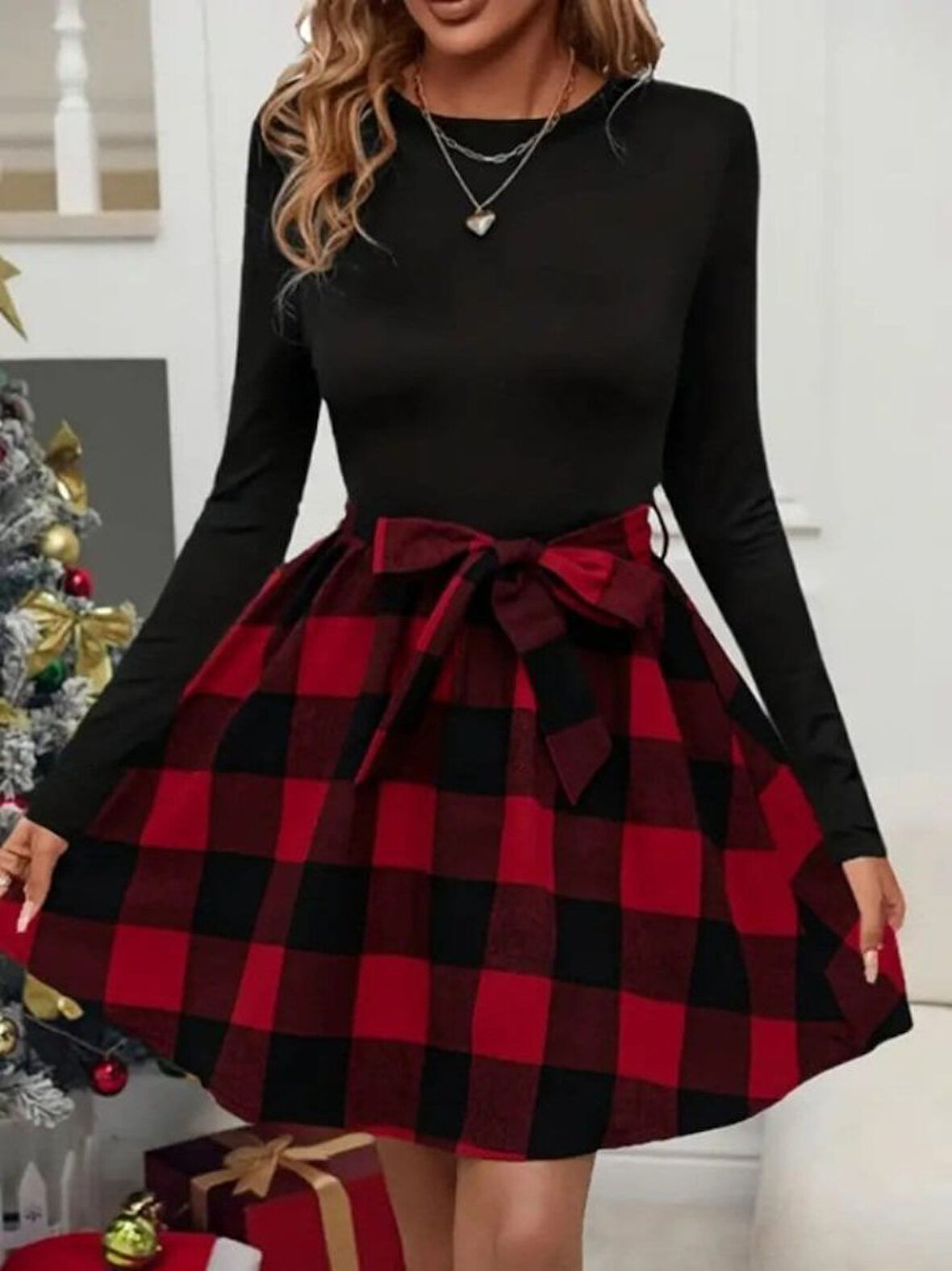 Livizmir Moda Kadın Uzun Kollu Bisiklet Yaka üst Viskon Alt Ekose Kısa Elbise