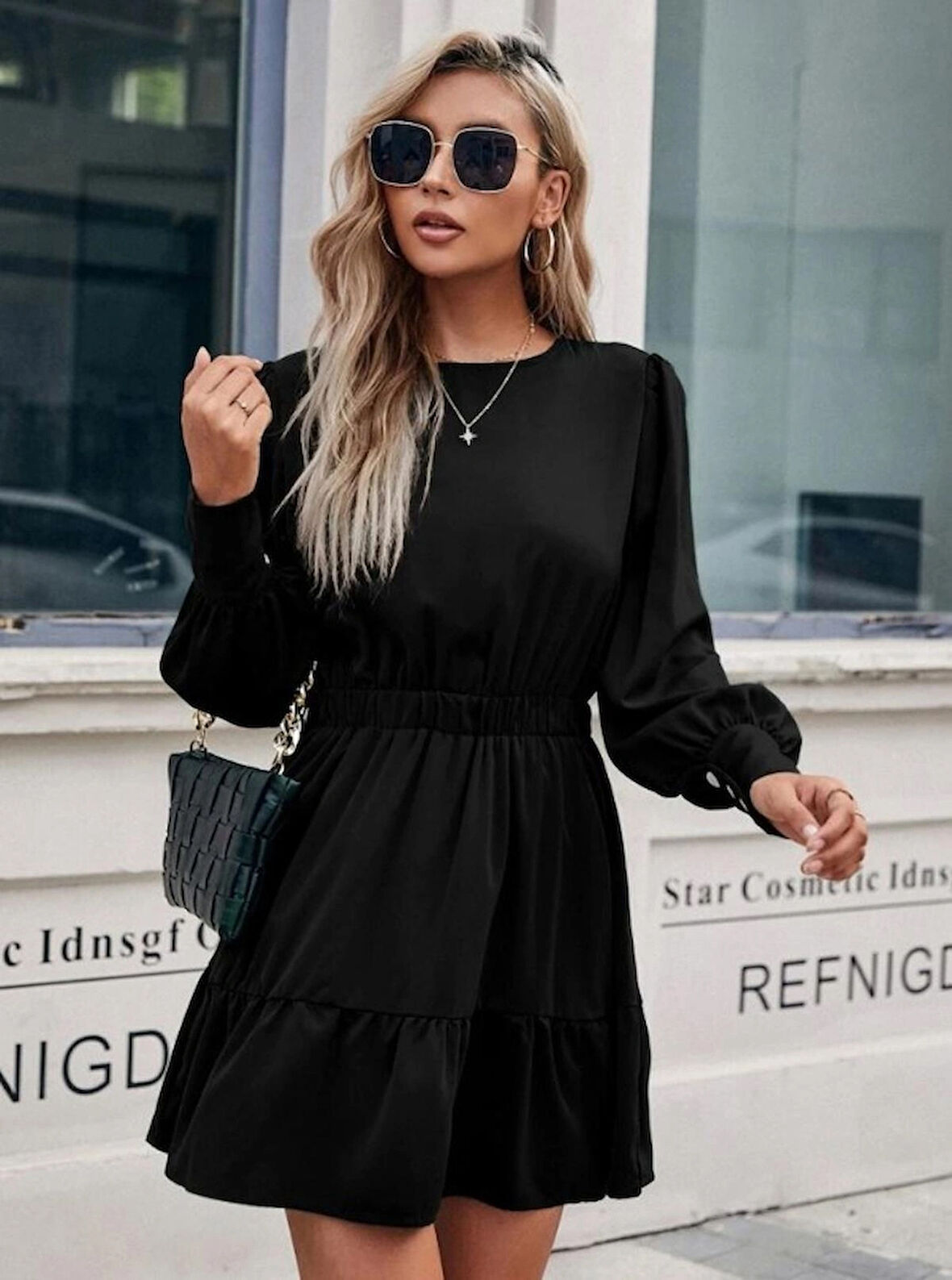 Livizmir Moda Kadın Uzun Kollu Bisiklet Yaka Beli Lastikli Fırfırlı Ithal Krep Elbise