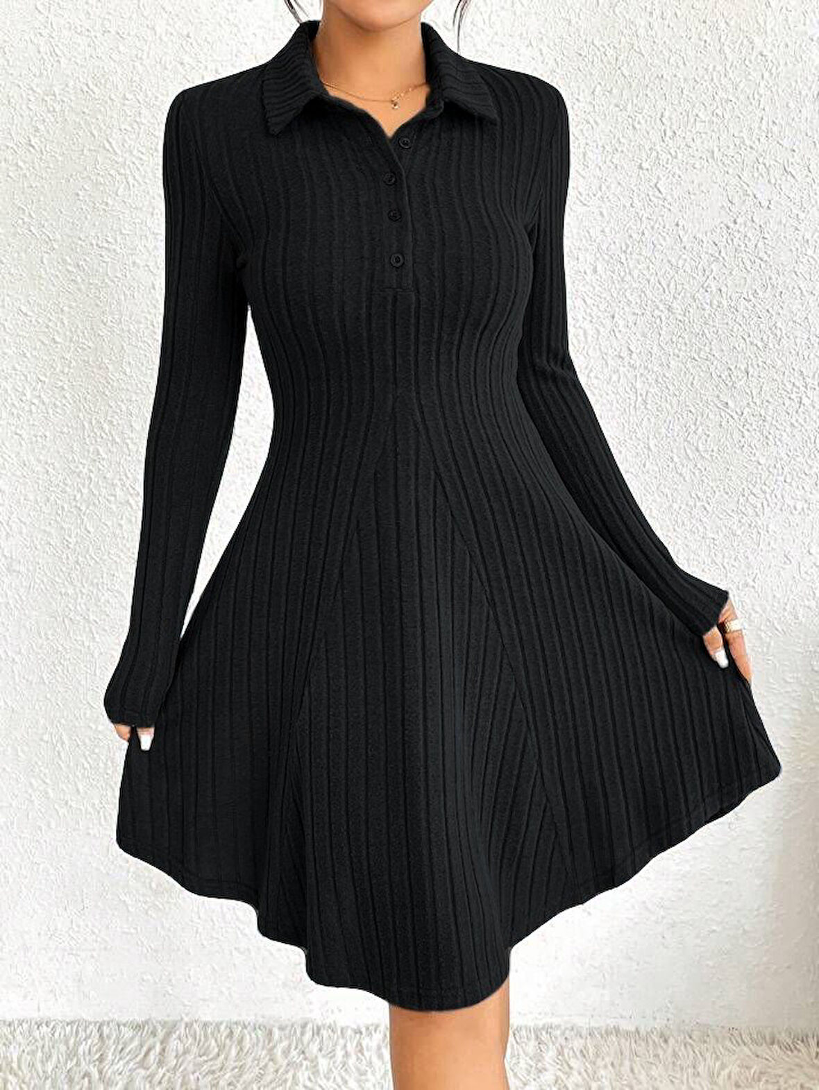 Livizmir Moda Kadın Gömlek Yaka Asimetrik Kesim Etek Detay Kaşkorse Elbise
