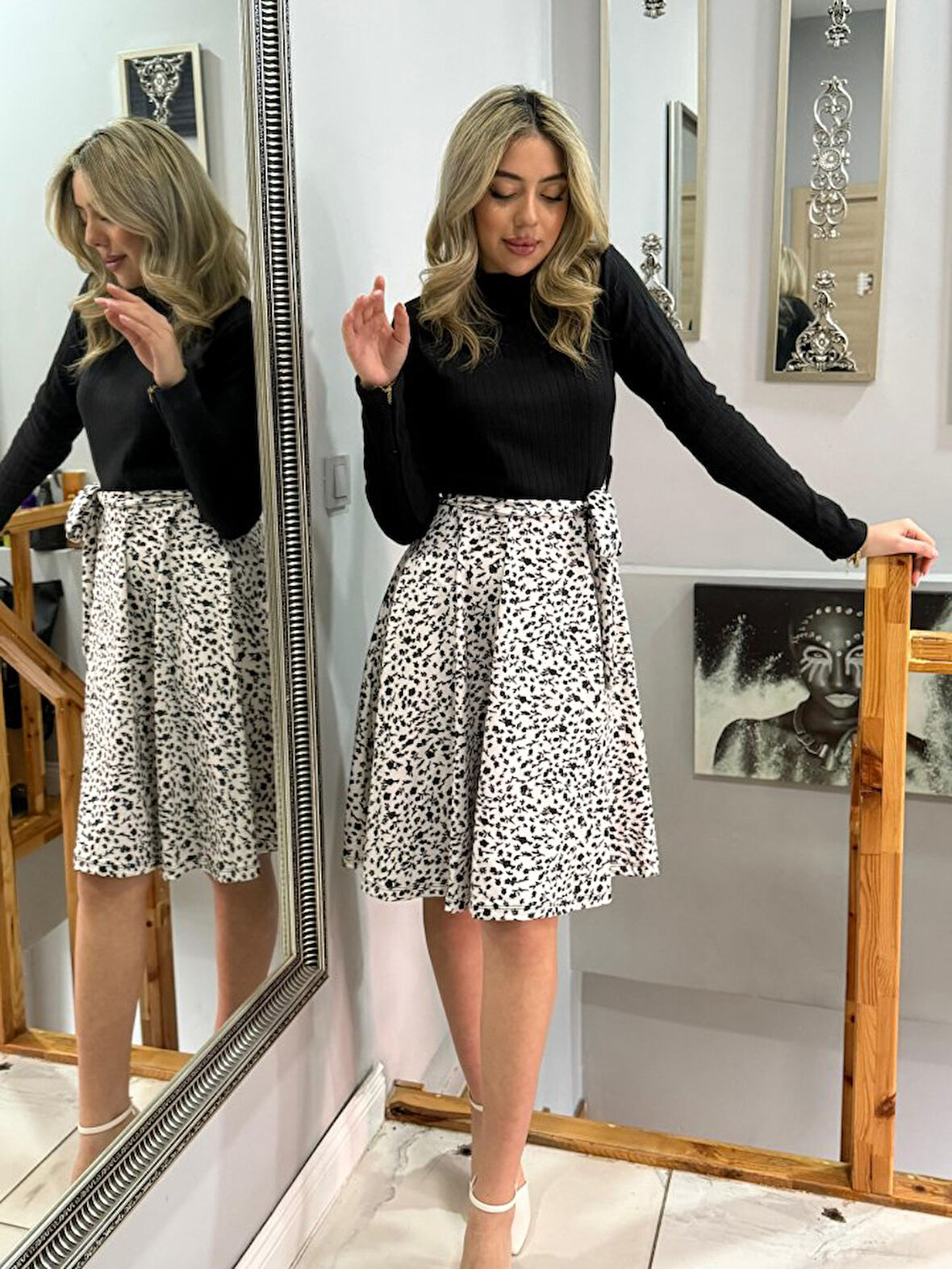 Livizmir Moda Kadın Uzun Kollu Balıkçı Yaka Belden Bağlamalı üst Kaşkorse Eteği Dalgıç Kısa Elbise