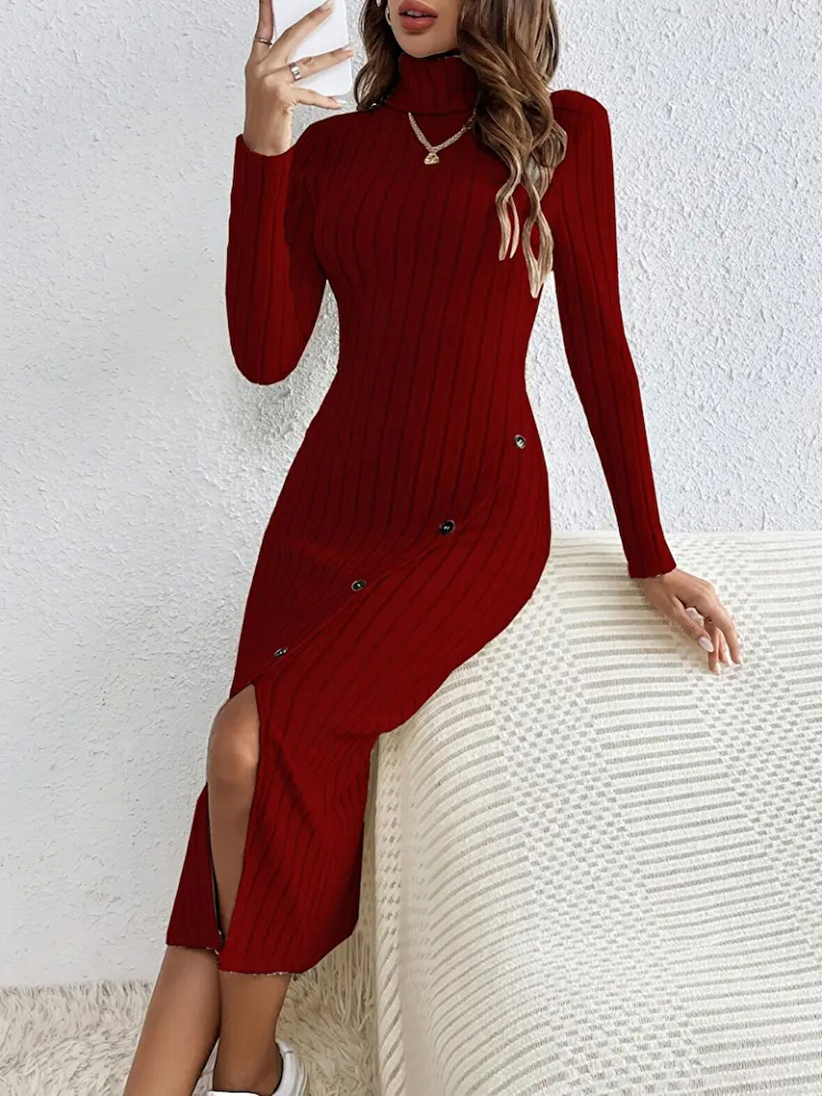 Livizmir Moda Kadın Uzun Kollu Balıkçı Yaka Yırtmaçlı Düğmeli şardonlu Kaşkorse Elbise