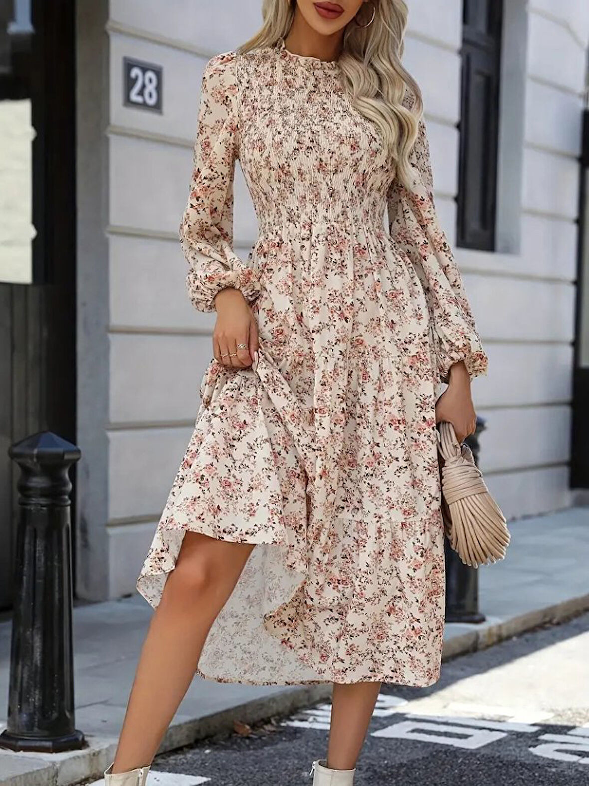 Livizmir Moda Kadın Uzun Kollu Fırfır Yakalı çiçek Desenli Midi Süprem Elbise