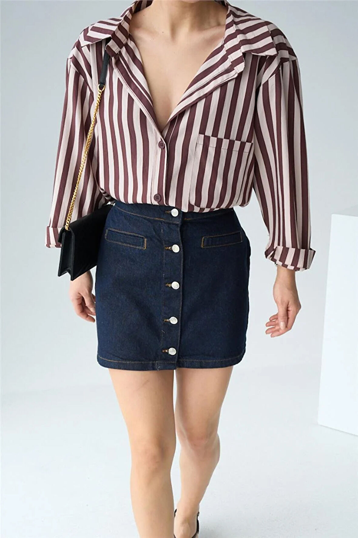 Bordo Kalın Çizgili Kadın Gömlek